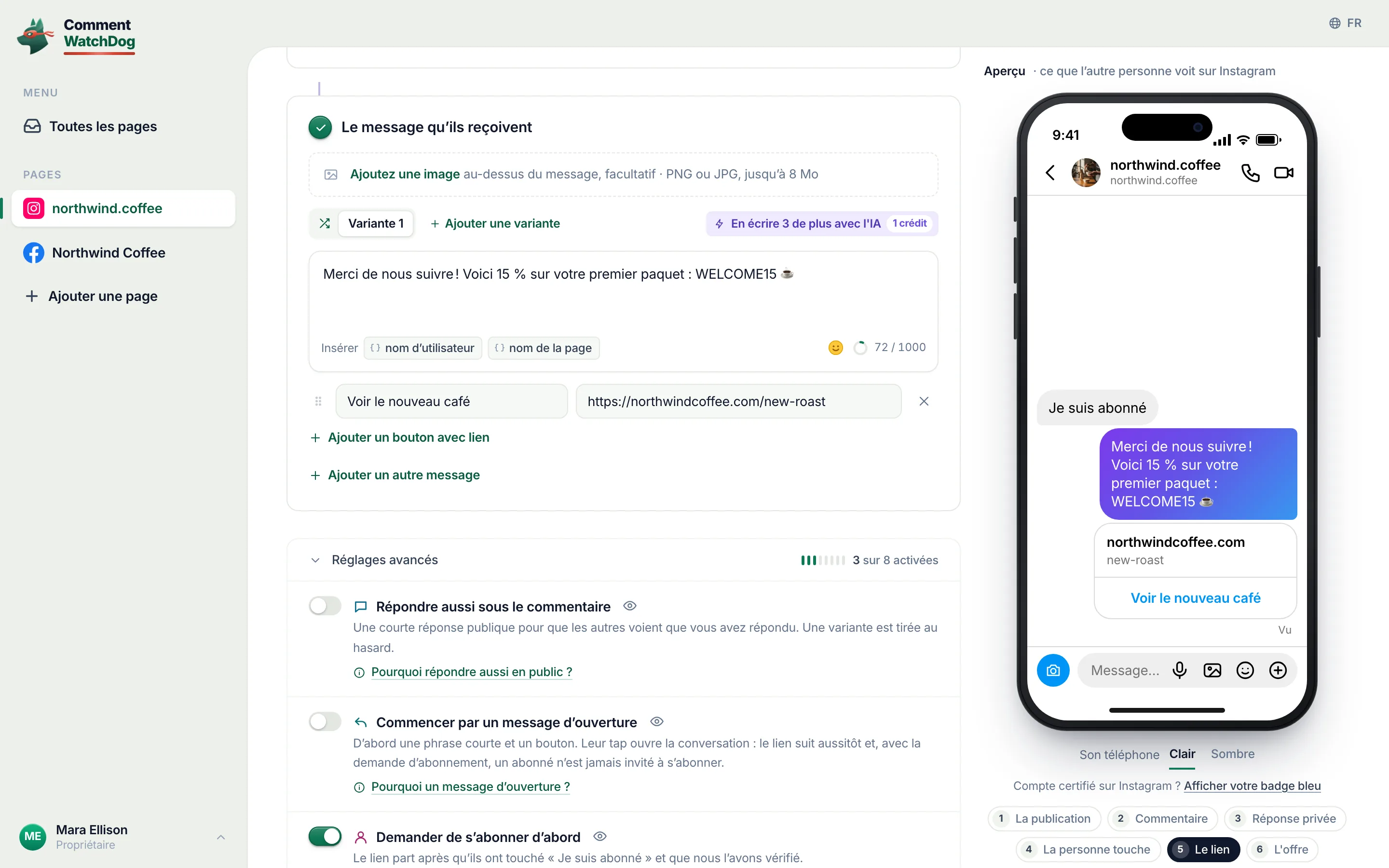 Le message que la personne reçoit, prévisualisé tel qu’il s’affiche sur Instagram.