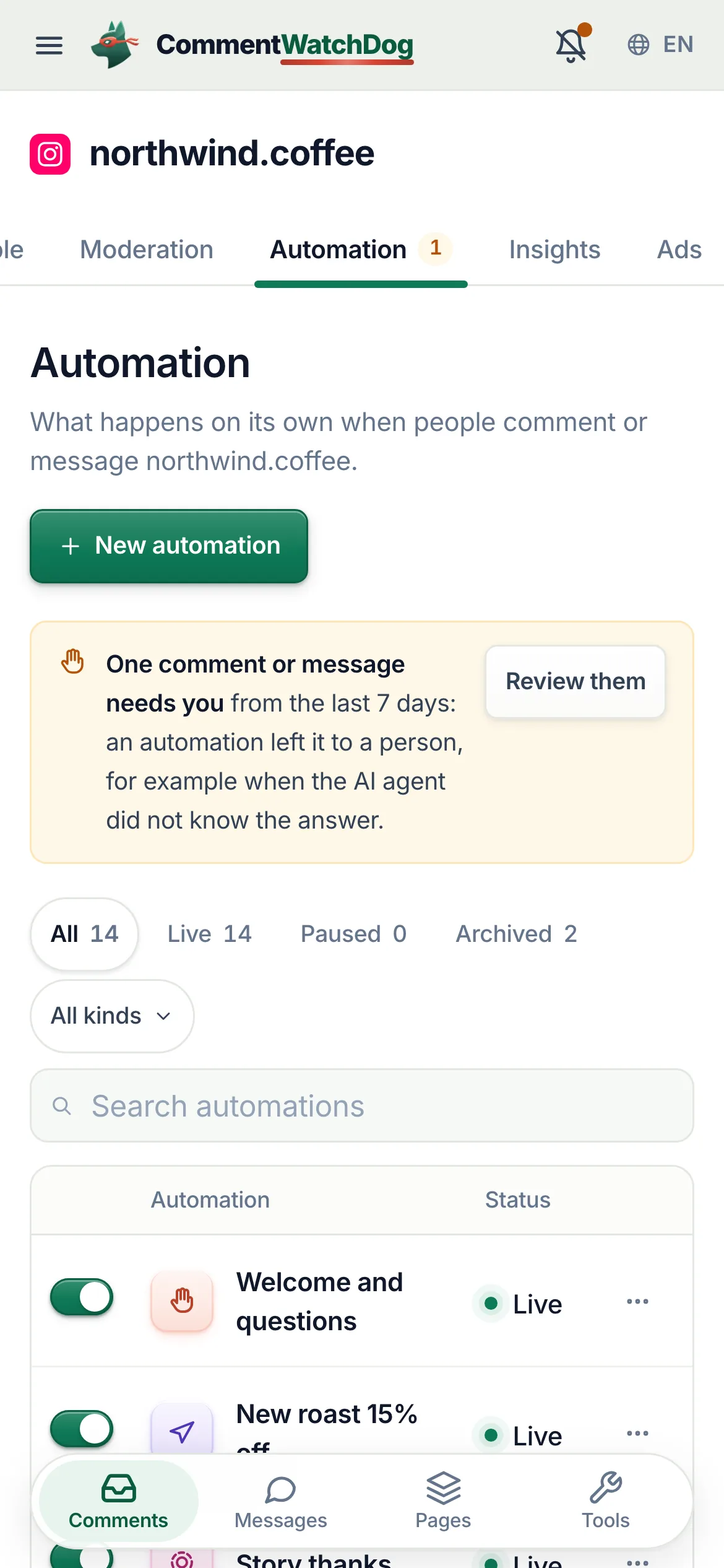New automation on a phone, under the heading.