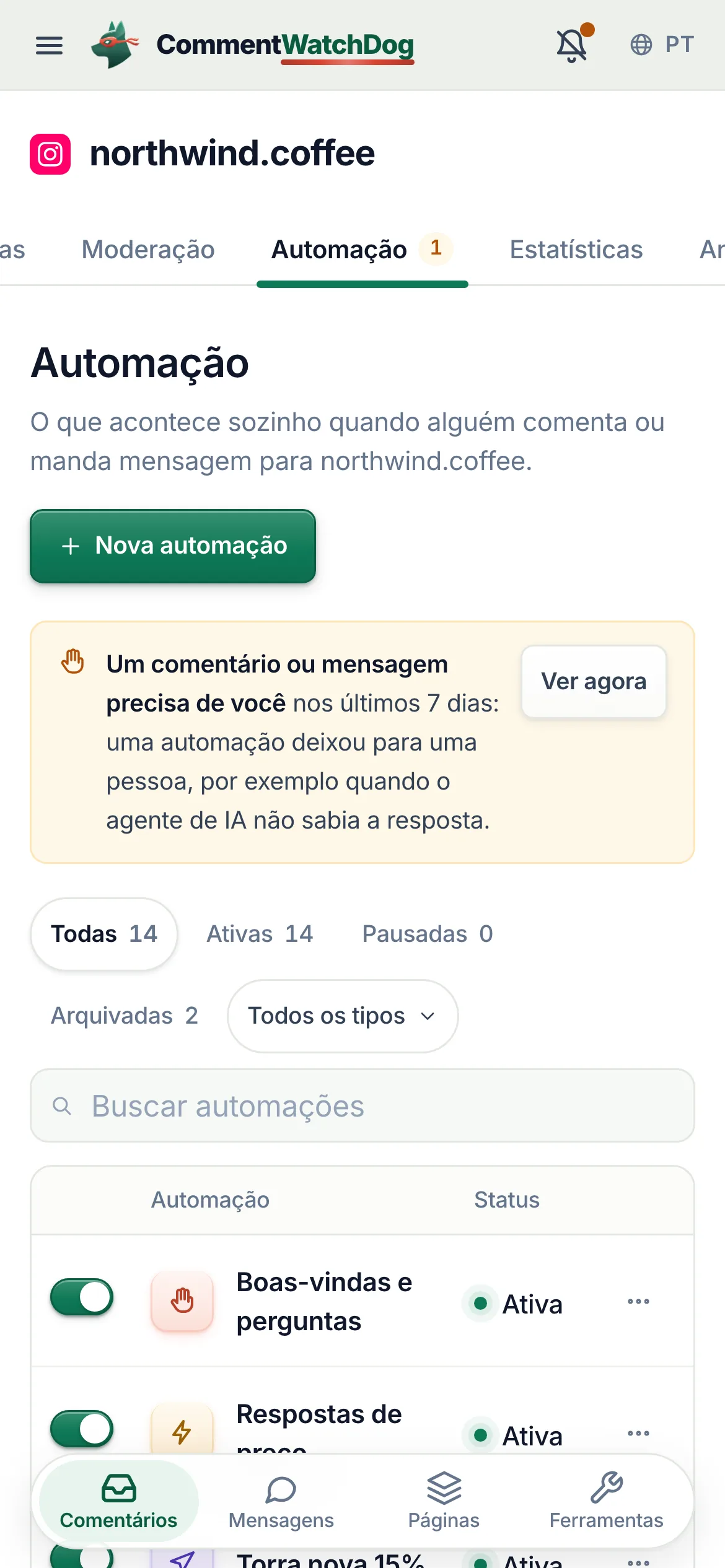 Nova automação no celular, abaixo do título.