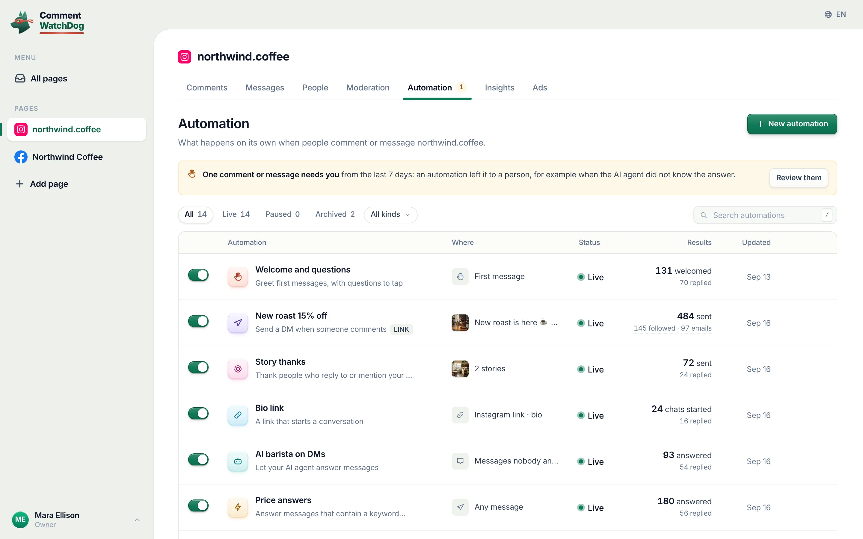The Automation list, with New automation at the top right.