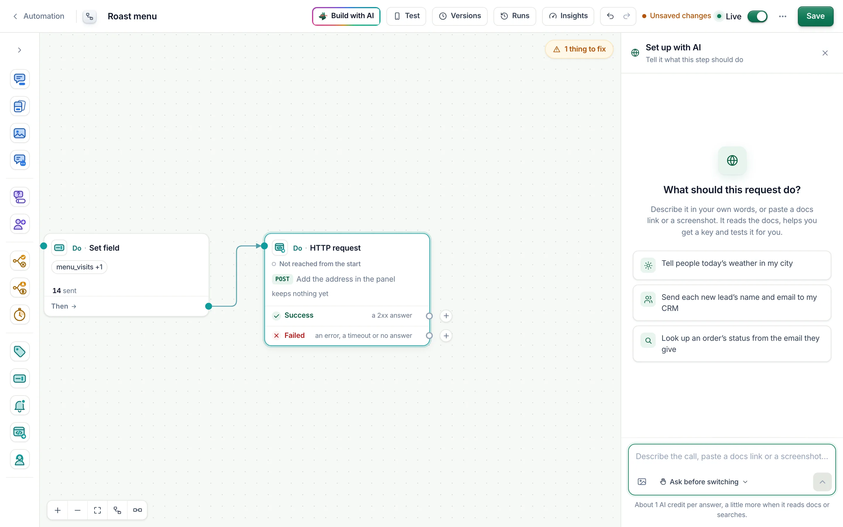 Set up with AI, just opened: What should this request do?, three examples, the box.
