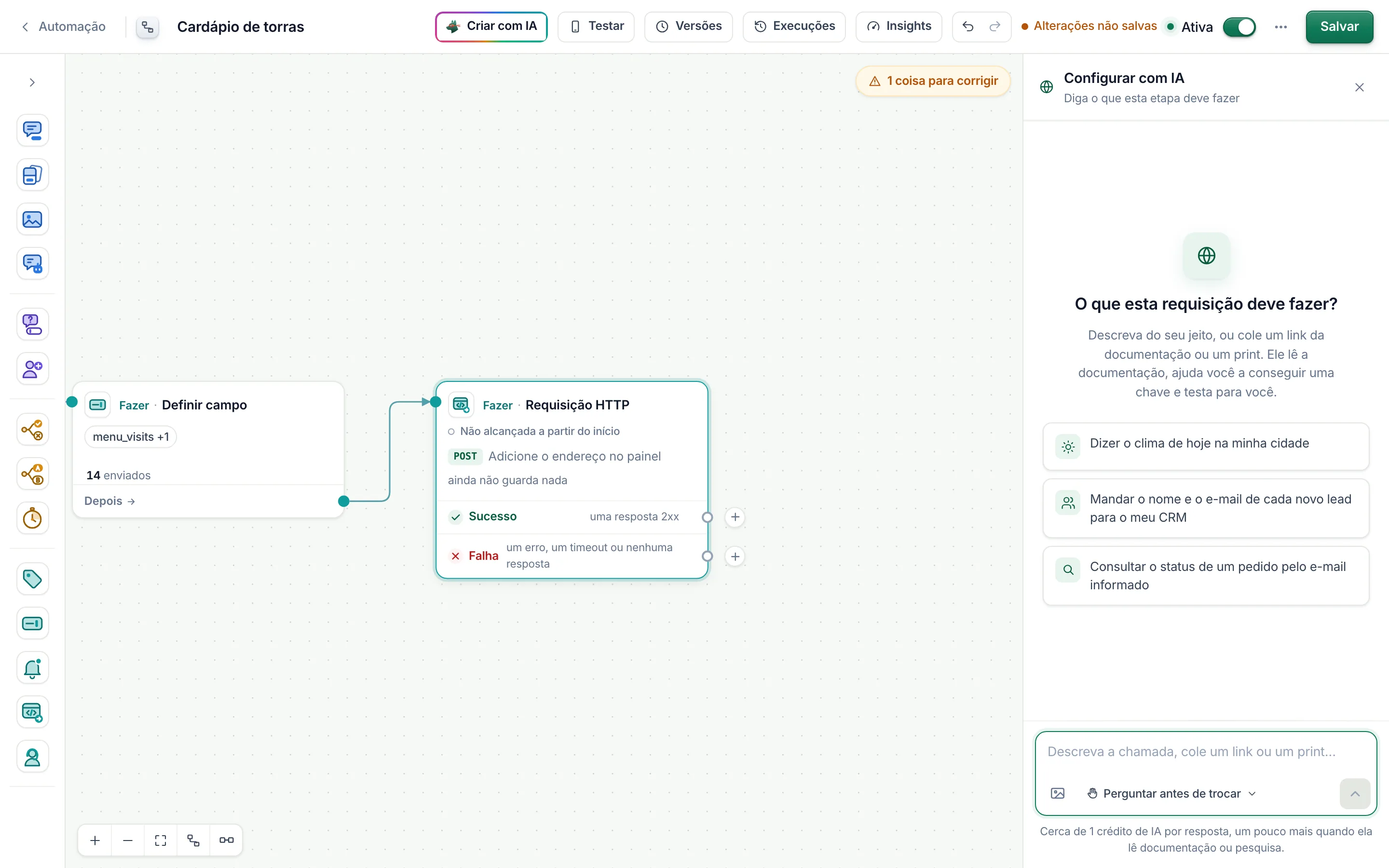 Configurar com IA, recém-aberto: O que esta requisição deve fazer?, a caixa e o modo abaixo dela.