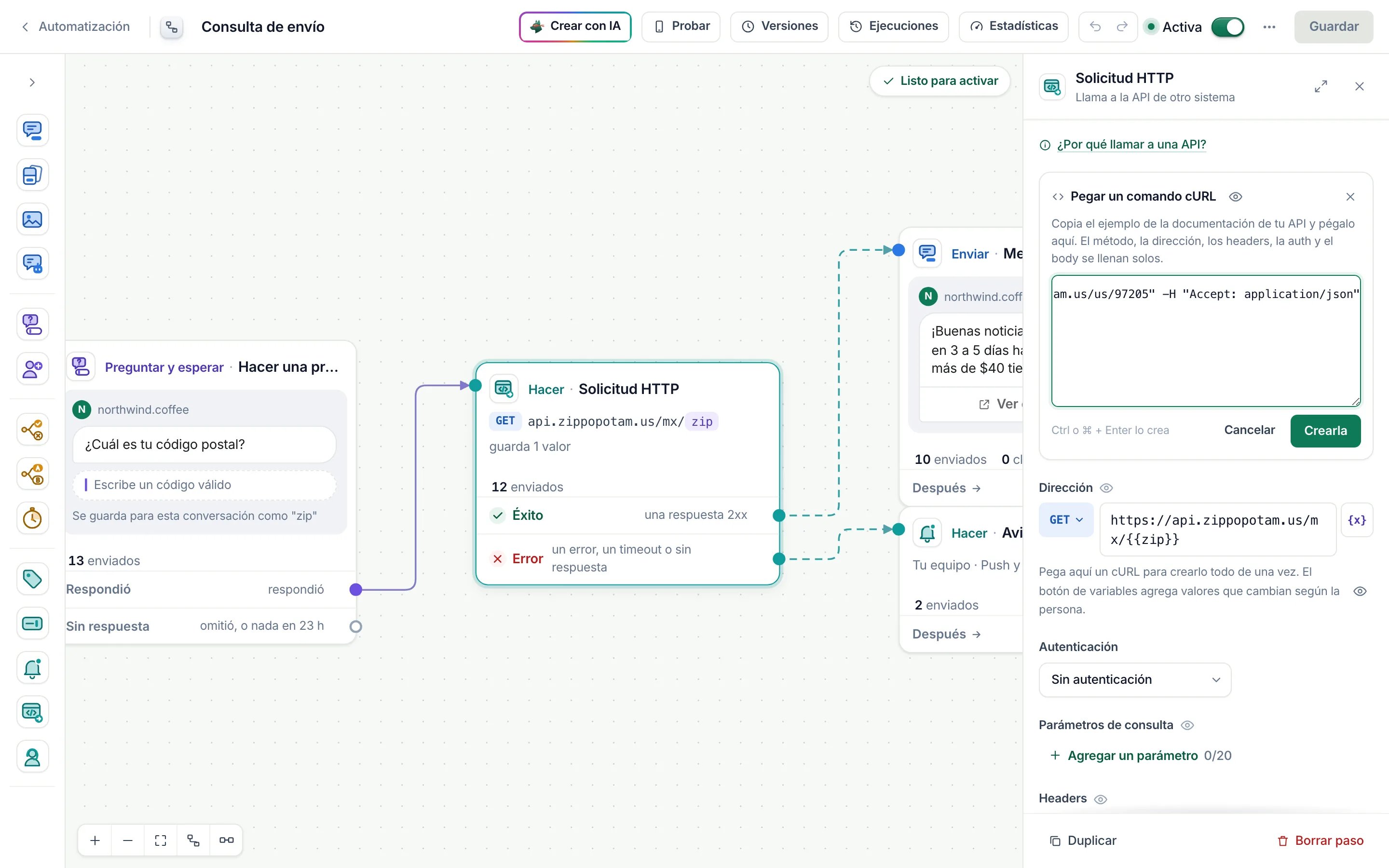 Pegar un comando cURL, abierto sobre Dirección.