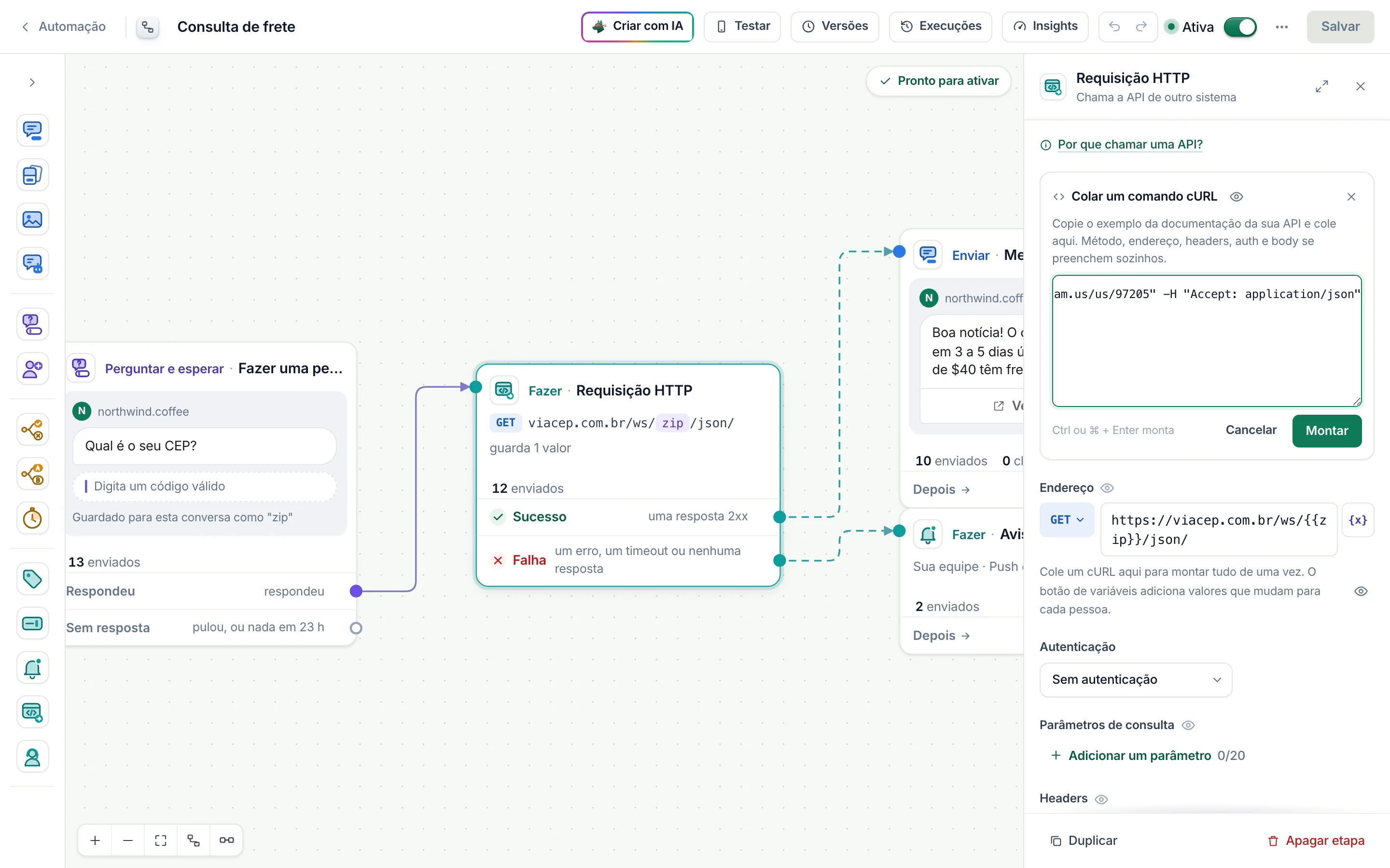 Colar um comando cURL, aberto acima de Endereço.