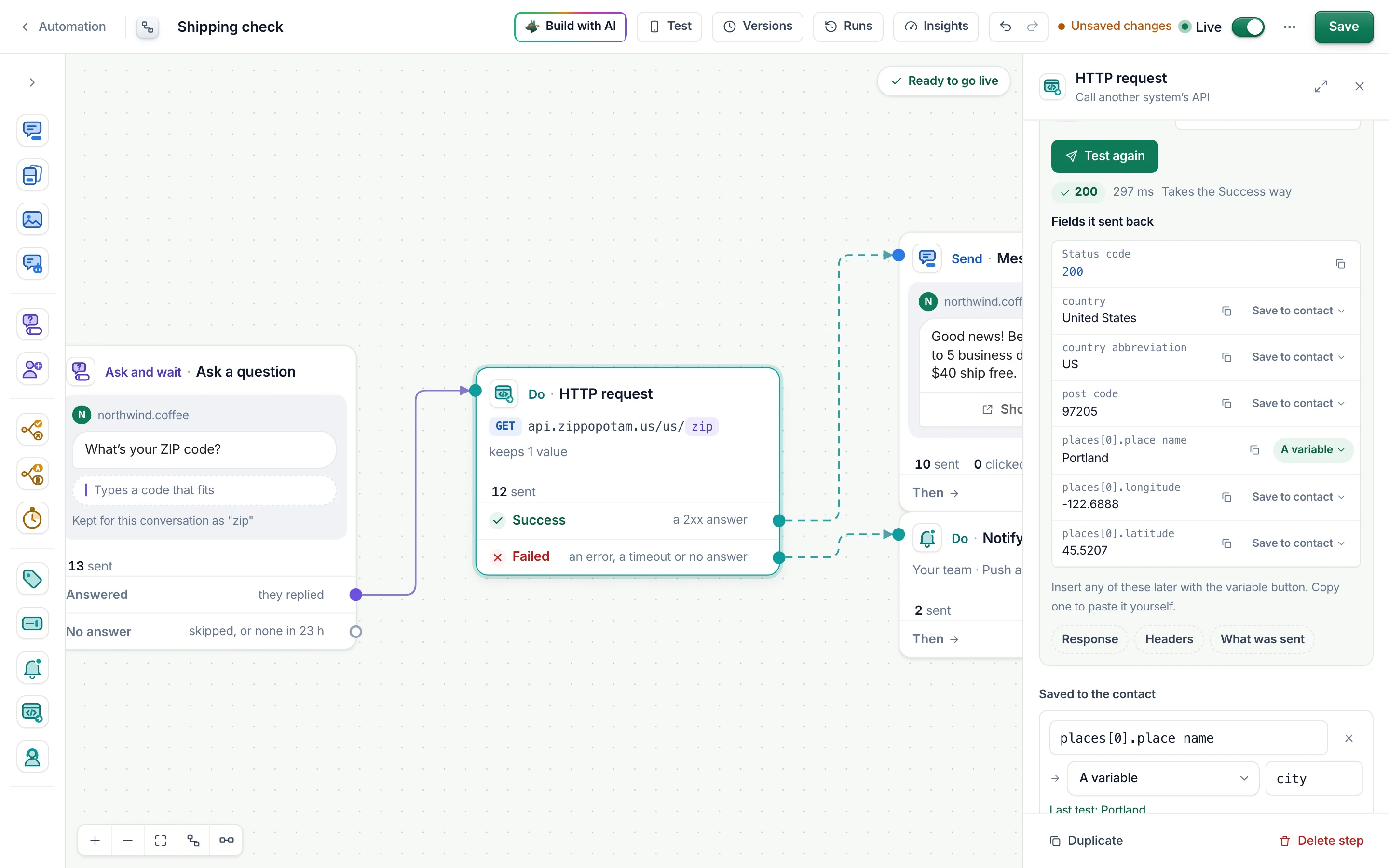The HTTP request panel after a test on the Shipping check flow: 200 with its time, the fields it sent back (country, post code, place name Portland) and the place name saved to the contact as city.