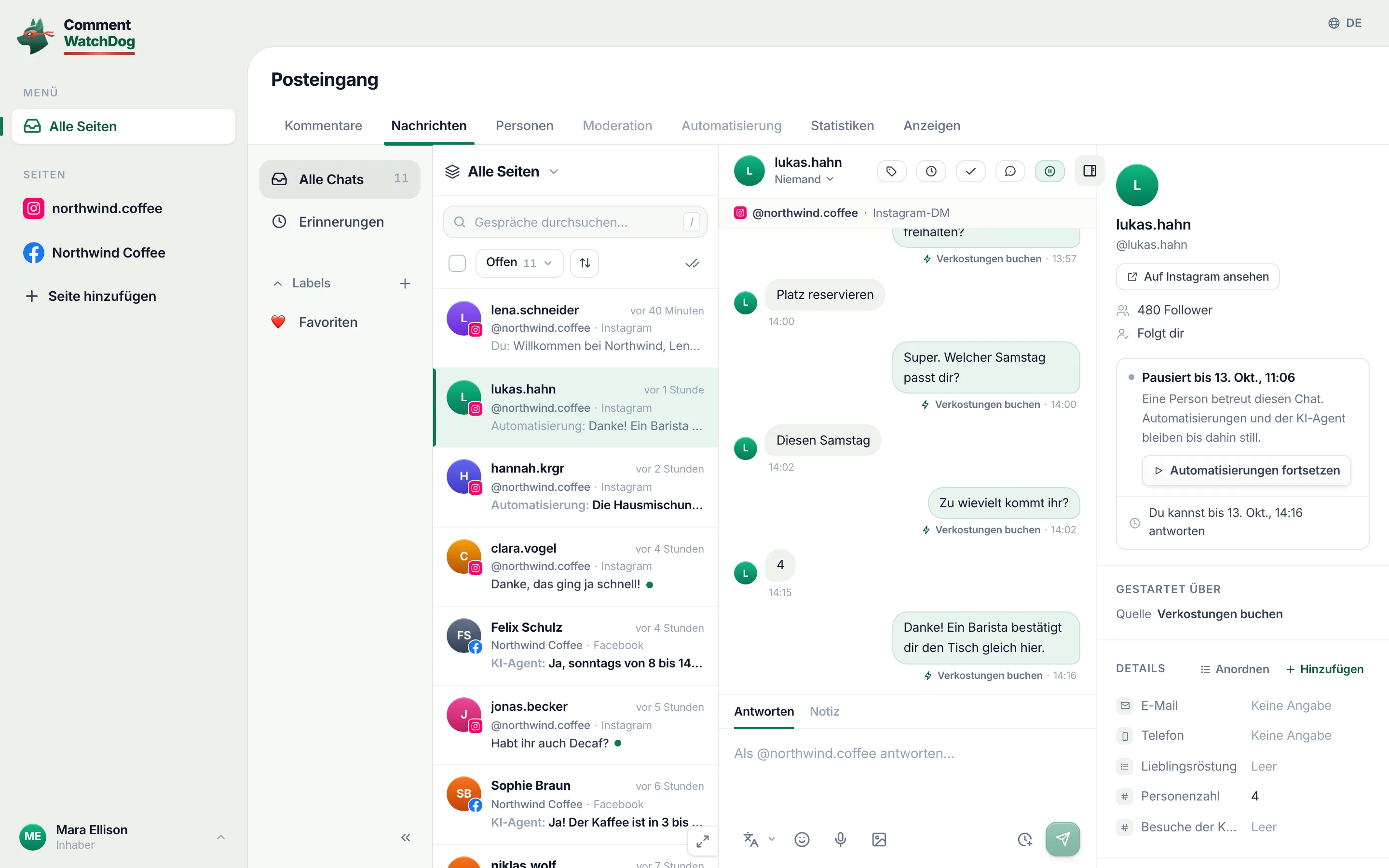 Der Live-Posteingang mit dem Chat von jonasbecker: Die Nachrichten der Automatisierung sind markiert, und das Kontakt-Panel zeigt Pausiert bis mit der Uhrzeit sowie Automatisierungen fortsetzen.