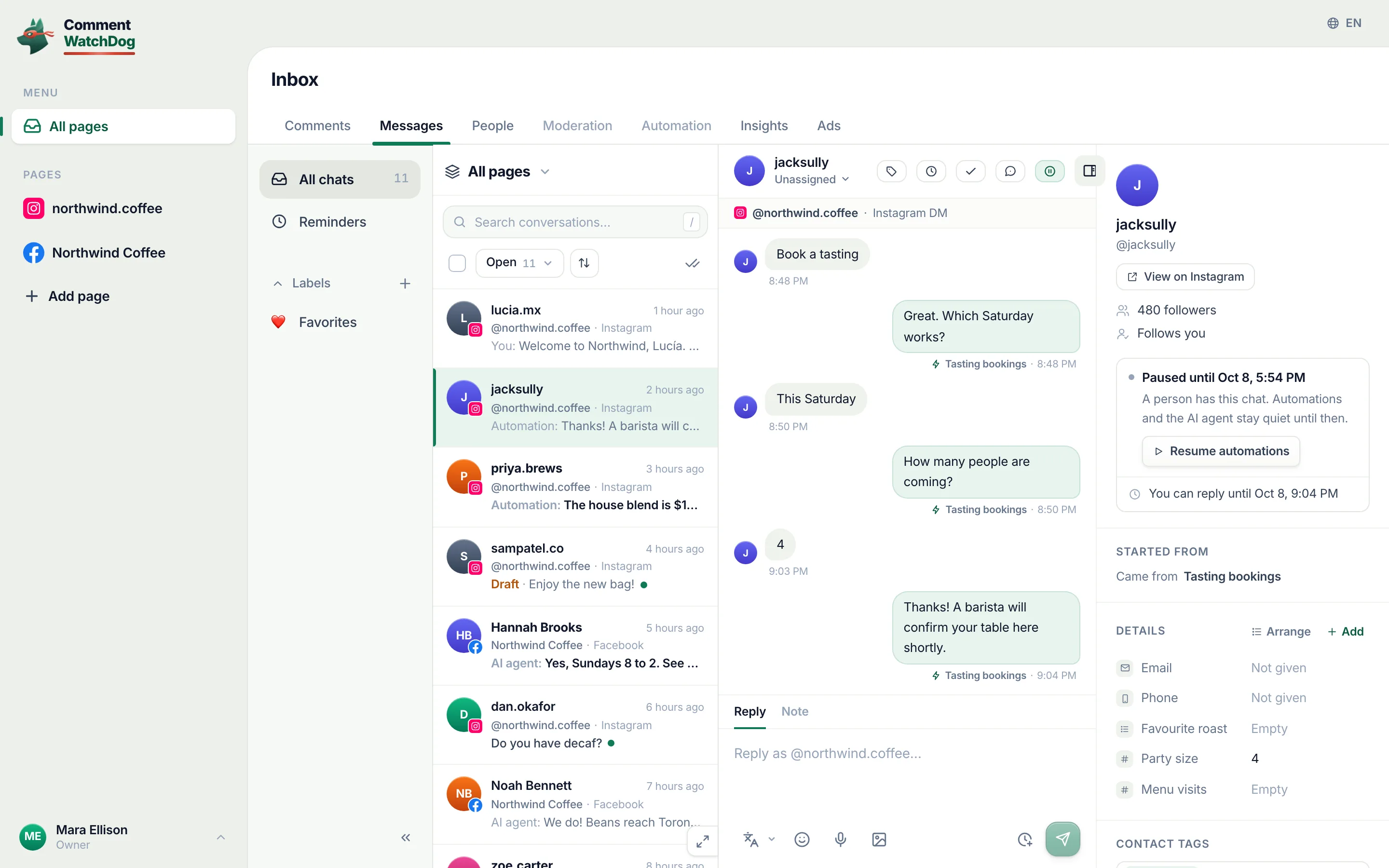 The Live inbox with jacksully’s chat: the automation’s messages marked, and the contact panel showing Paused until, with its time, and Resume automations.