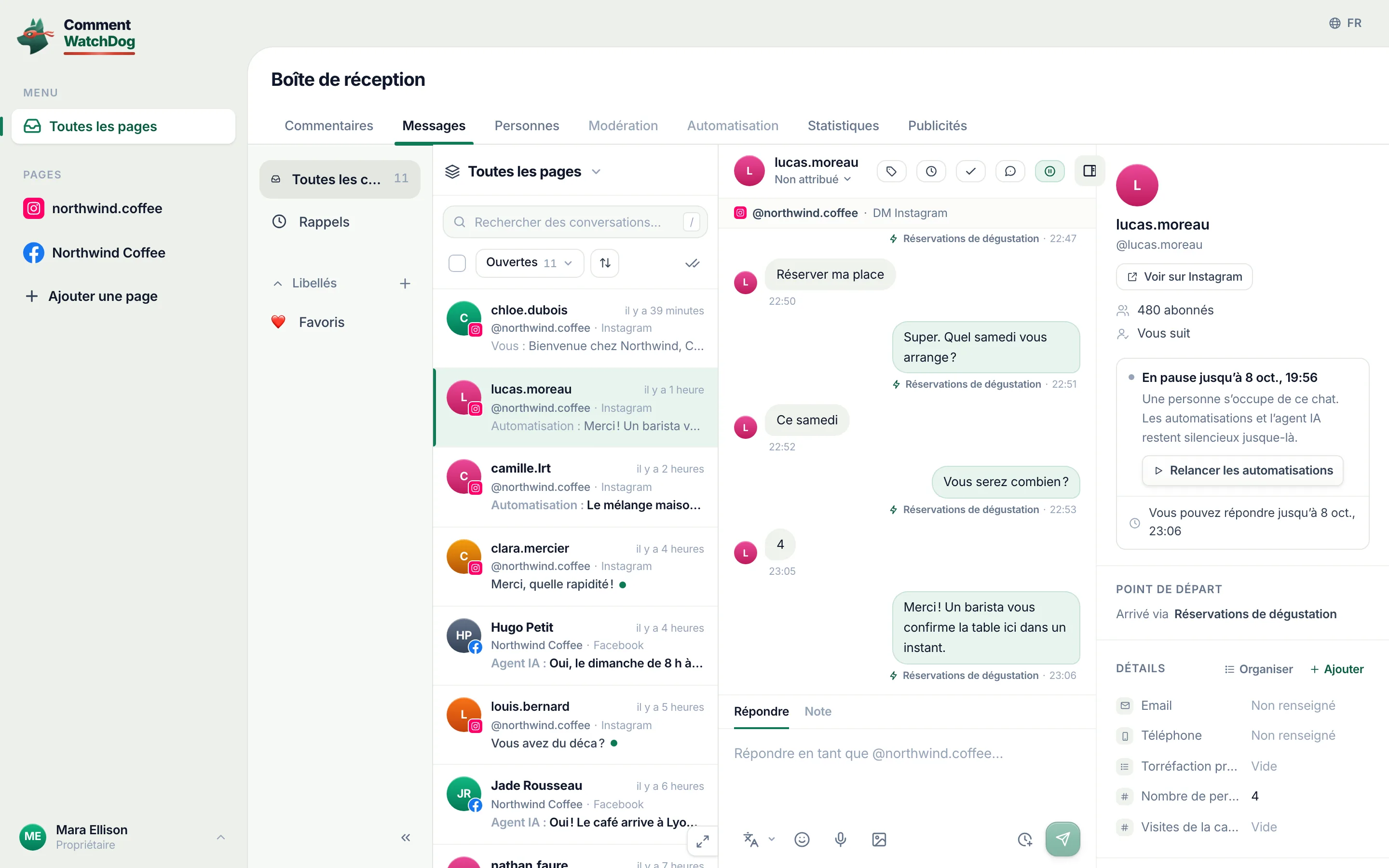 La Boîte de réception en direct avec le chat de lucas.moreau&nbsp;: les messages de l’automatisation marqués, et le panneau du contact qui affiche En pause jusqu’à, avec l’heure, et Relancer les automatisations.