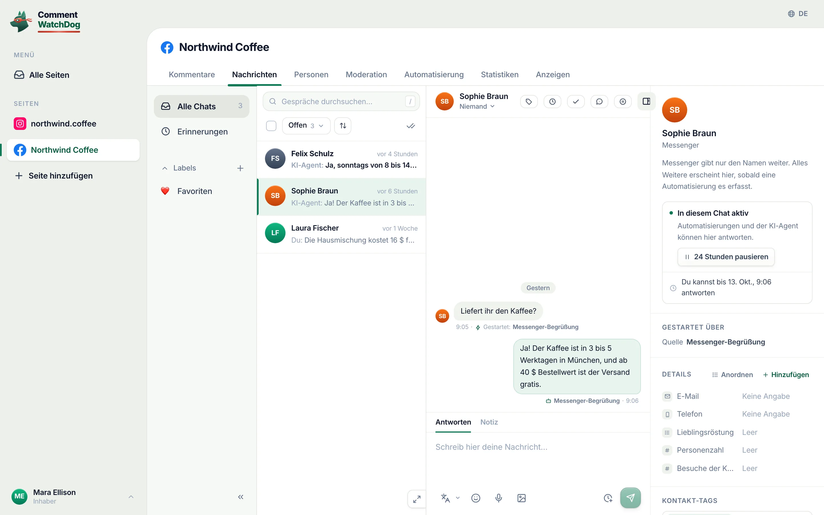 Ein Messenger-Chat im Live-Posteingang, beantwortet vom KI-Agenten.