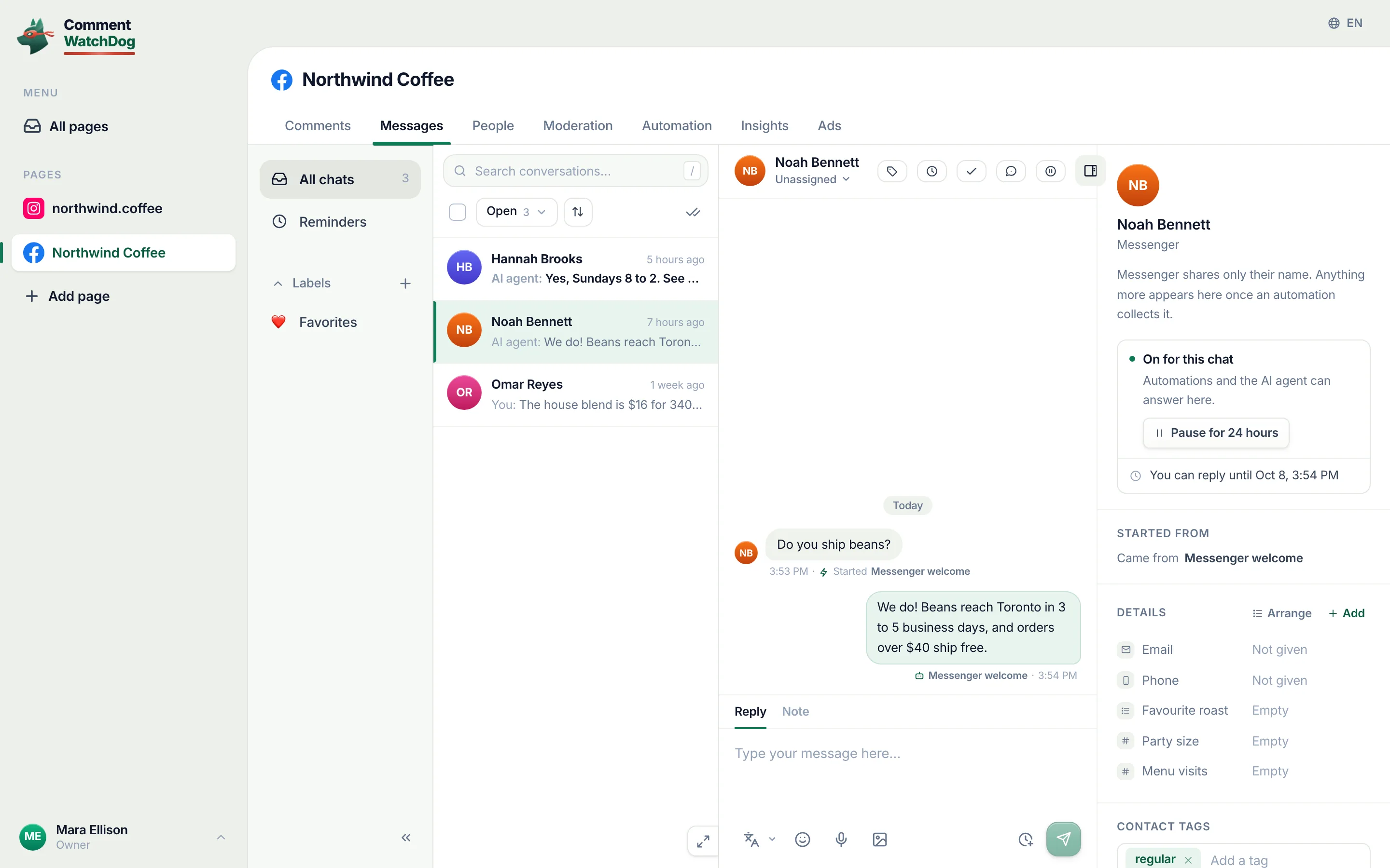A Messenger chat in the Live inbox answered by the AI agent.