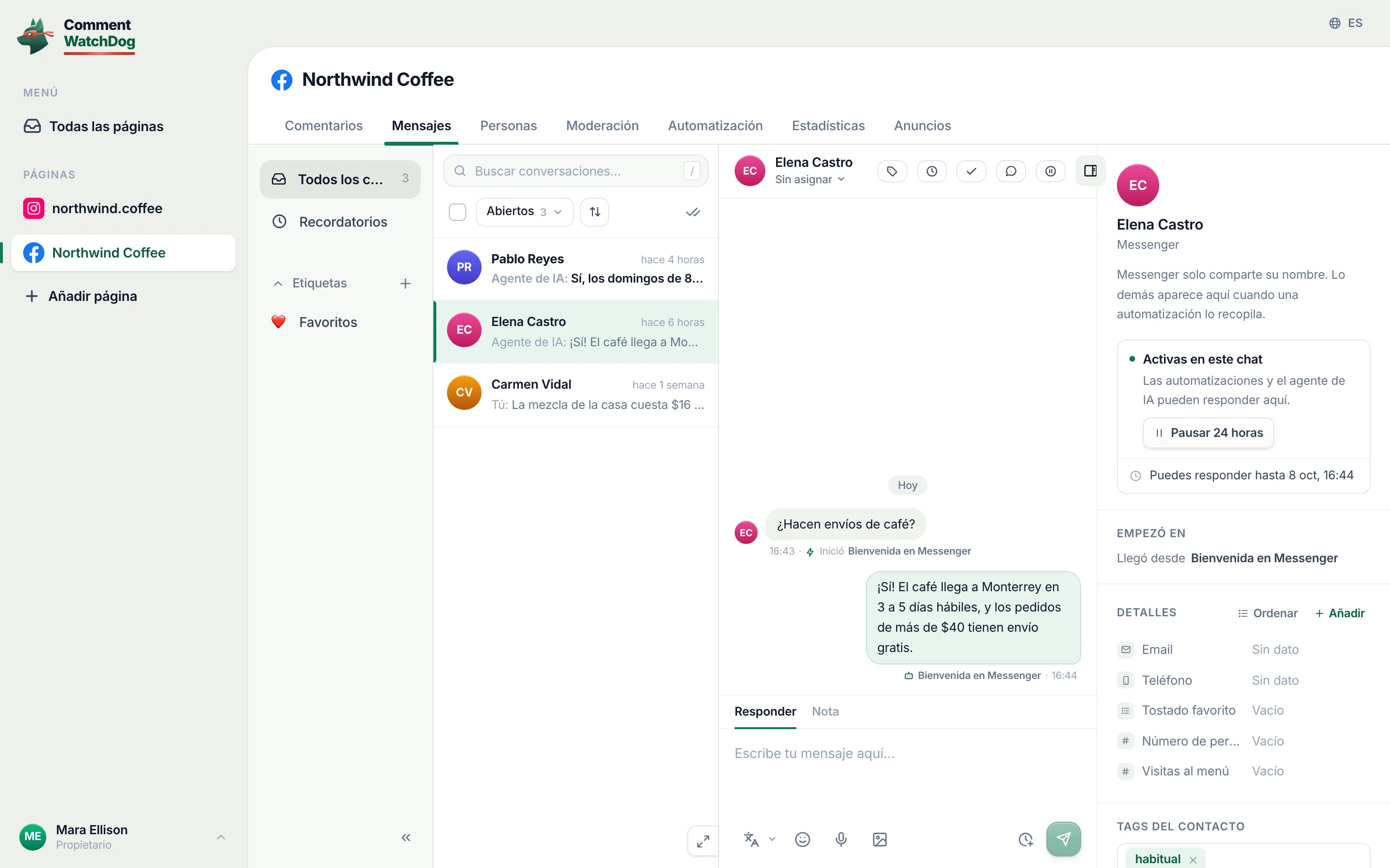 Un chat de Messenger en la bandeja en vivo respondido por el agente de IA.