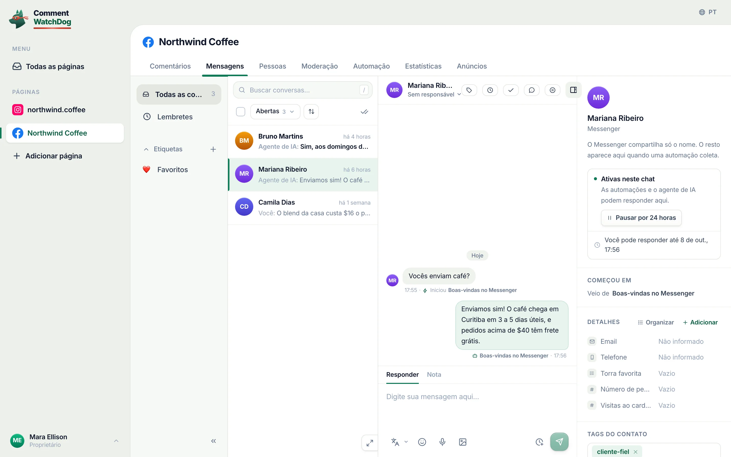 Um chat do Messenger na Caixa de entrada ao vivo, respondido pelo agente de IA.