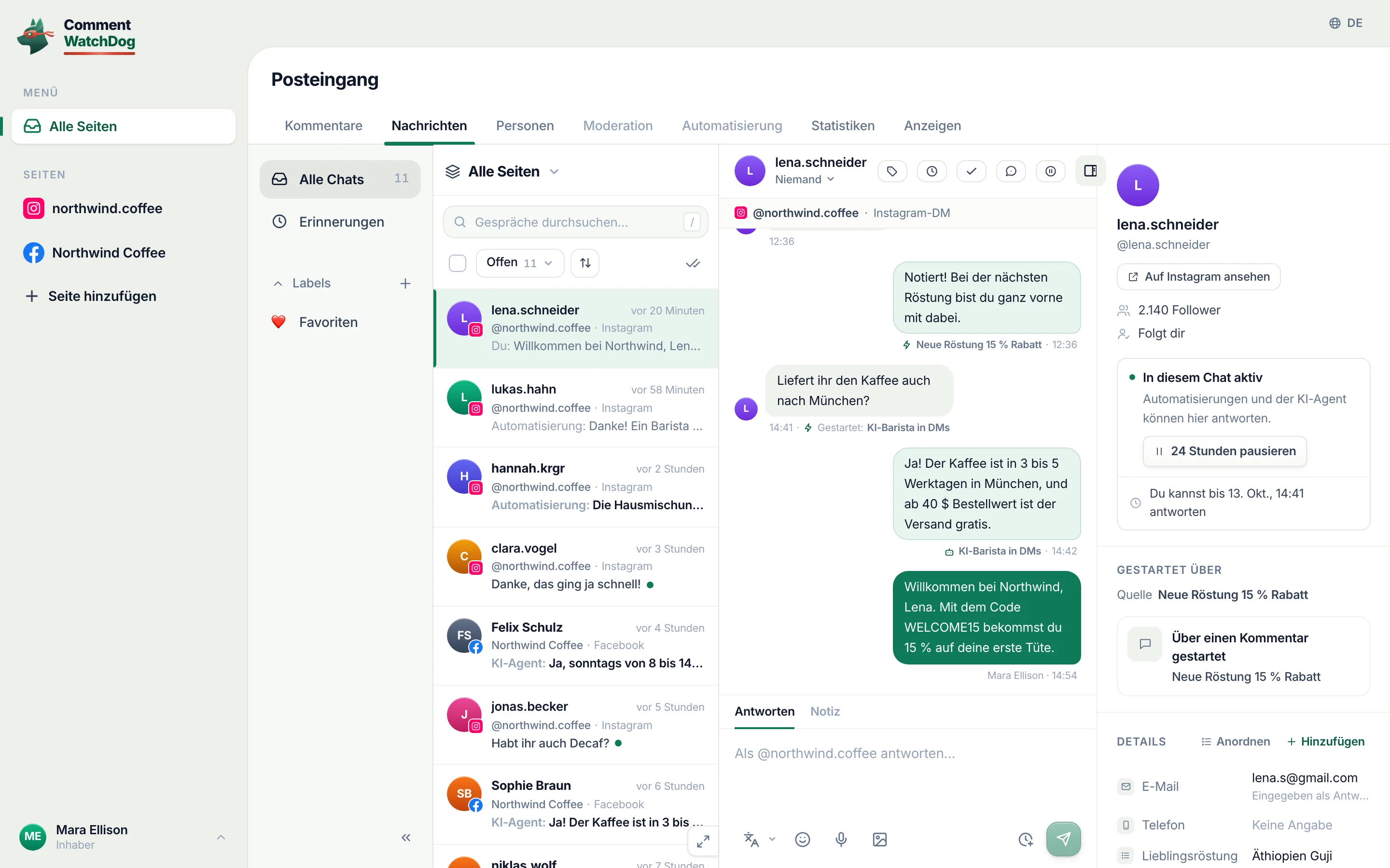 Chats von Instagram und Messenger in einem Posteingang, mit dem Absender jeder Antwort.