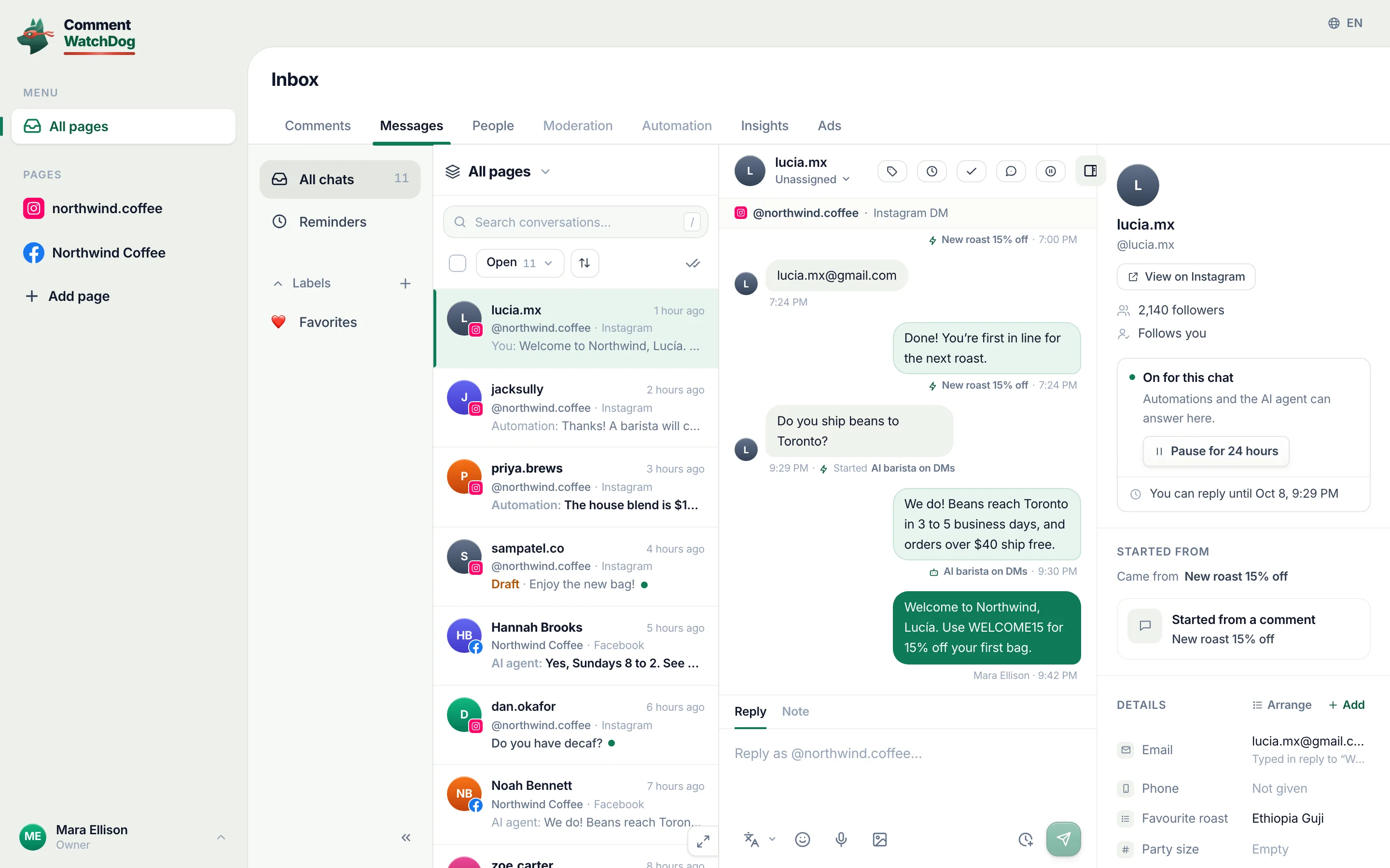The live inbox: a customer asks whether the shop ships beans to Toronto and the answer is labelled AI barista on DMs; the contact panel shows her email, tags and fields.