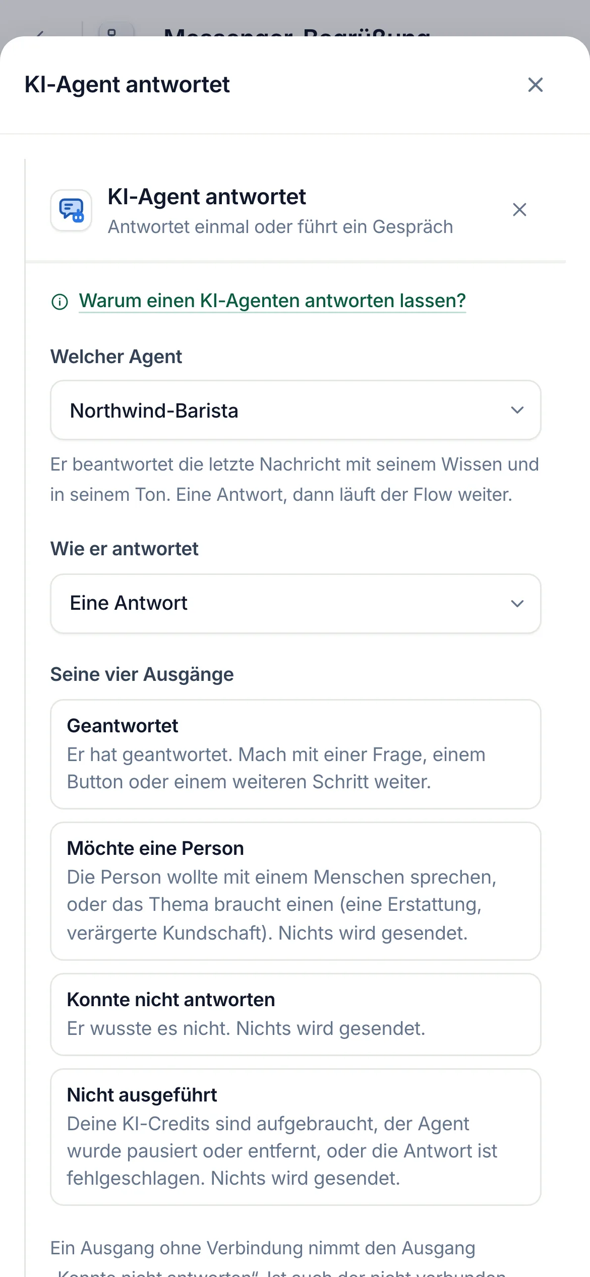 Der Flow-Builder mit ausgewähltem KI-Agent-Schritt und geöffneten Einstellungen.