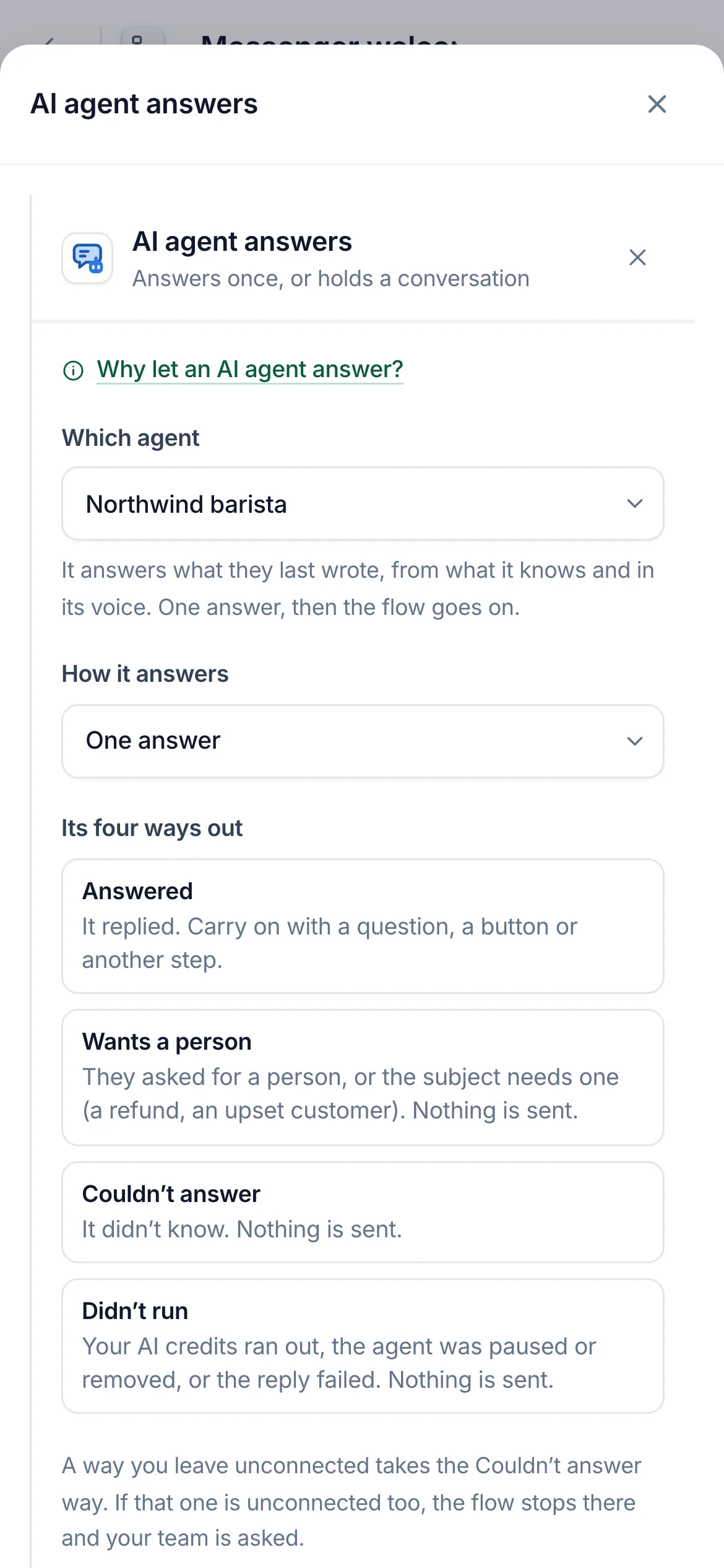 The flow builder with the AI agent step selected and its settings open.
