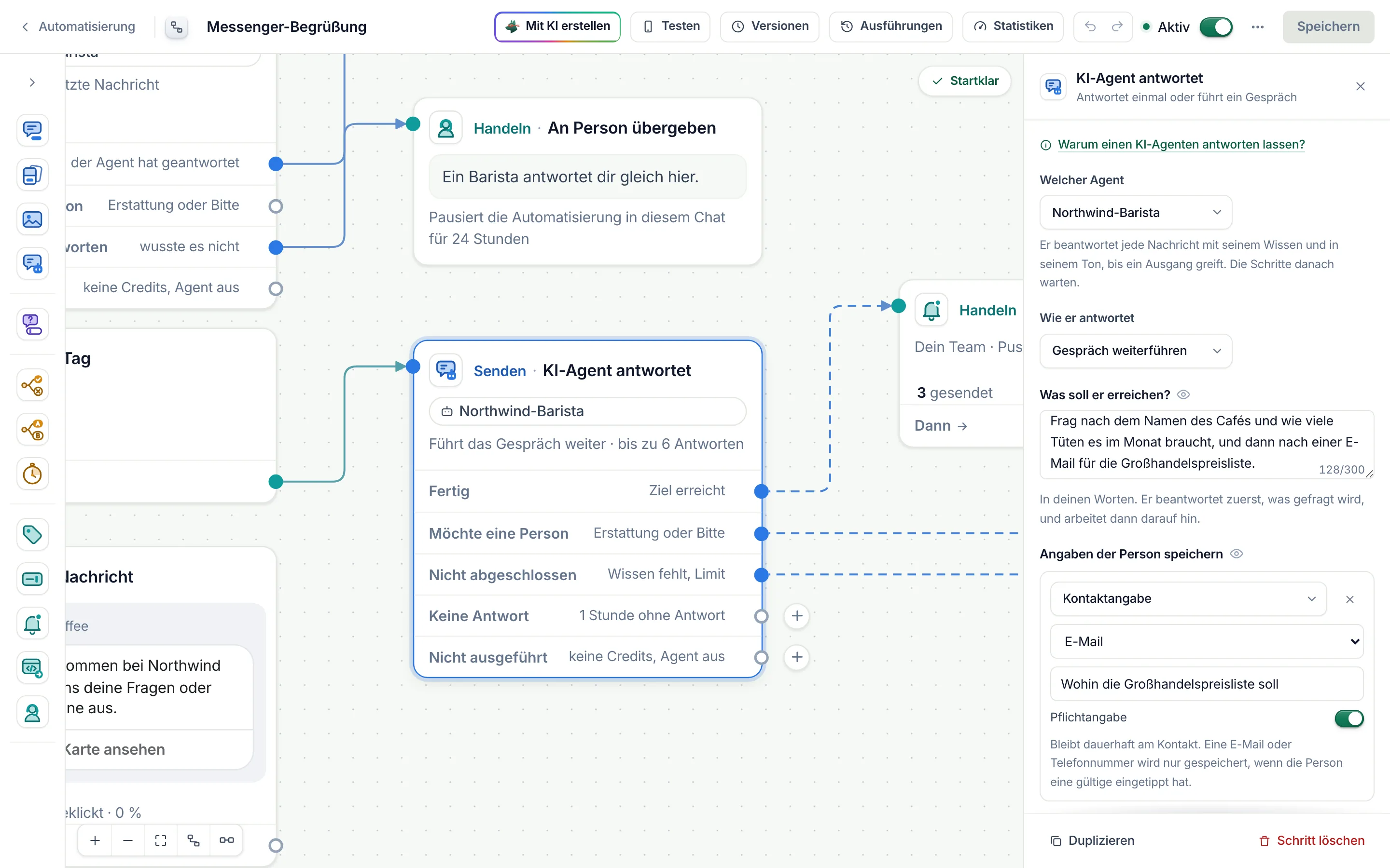 Der KI-Agent-Schritt im Flow-Builder, eingestellt auf „Gespräch weiterführen“: sein Ziel und eine Zeile unter „Angaben der Person speichern“, eine E-Mail als Pflichtangabe.