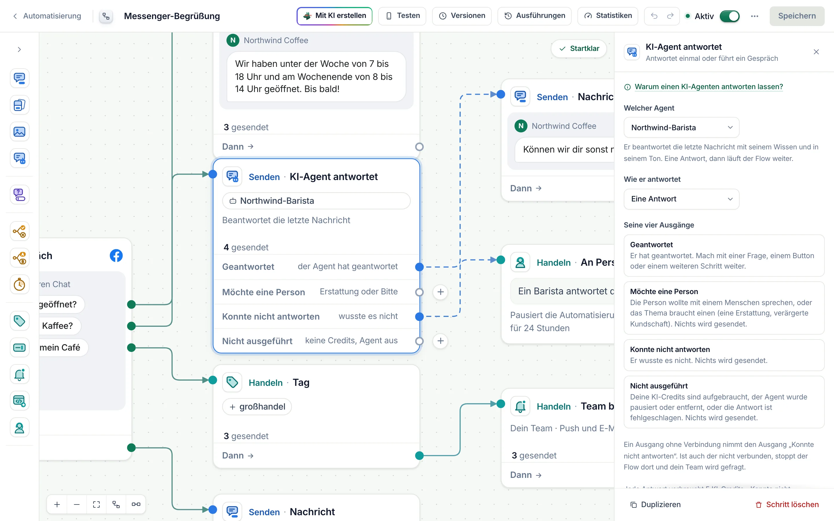 Der Flow-Builder mit ausgewähltem KI-Agent-Schritt und geöffneten Einstellungen.