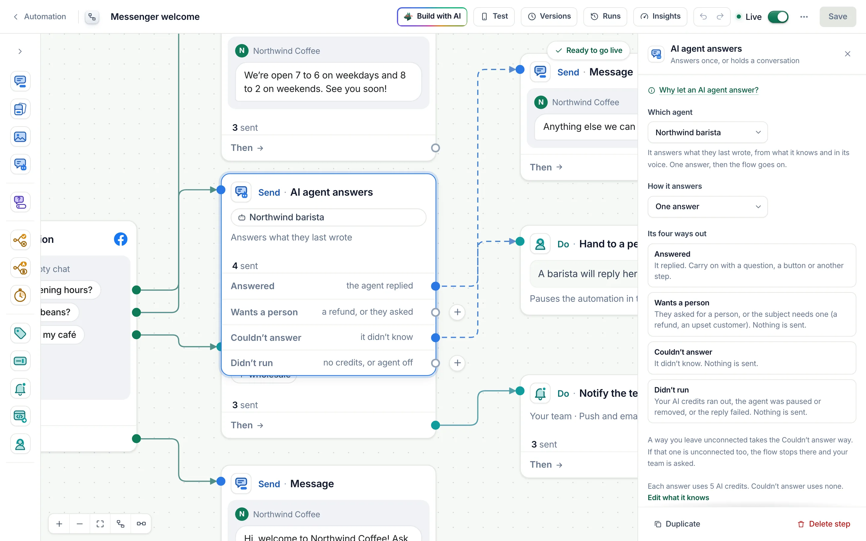 The flow builder with the AI agent step selected and its settings open.