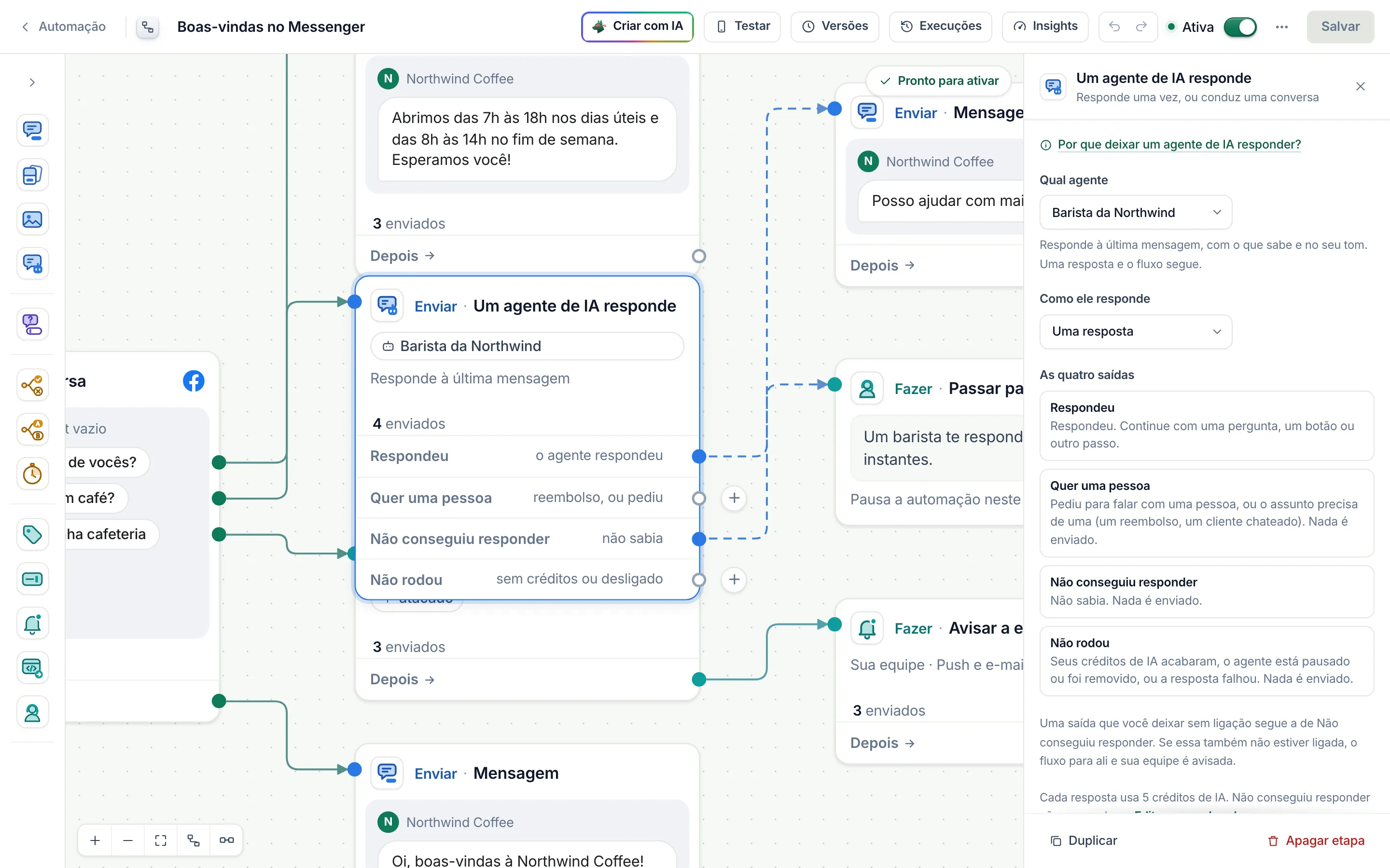 A etapa Um agente de IA responde: as quatro saídas, Respondeu, Quer uma pessoa, Não conseguiu responder e Não rodou.