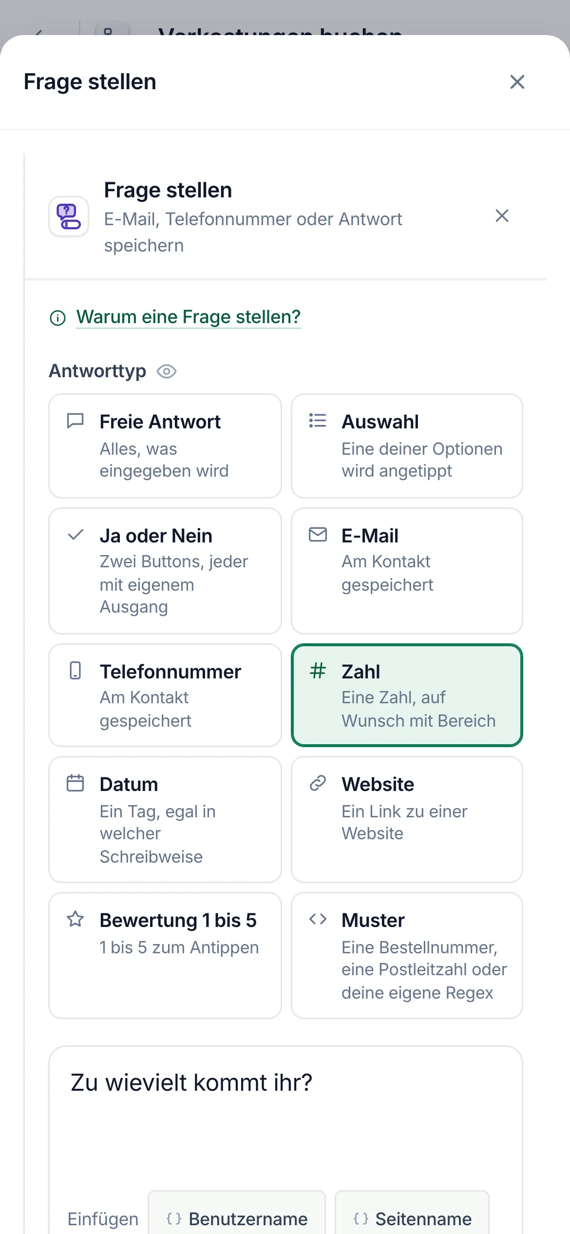 Der Flow-Builder mit ausgewähltem Schritt Frage stellen und geöffneten Einstellungen.