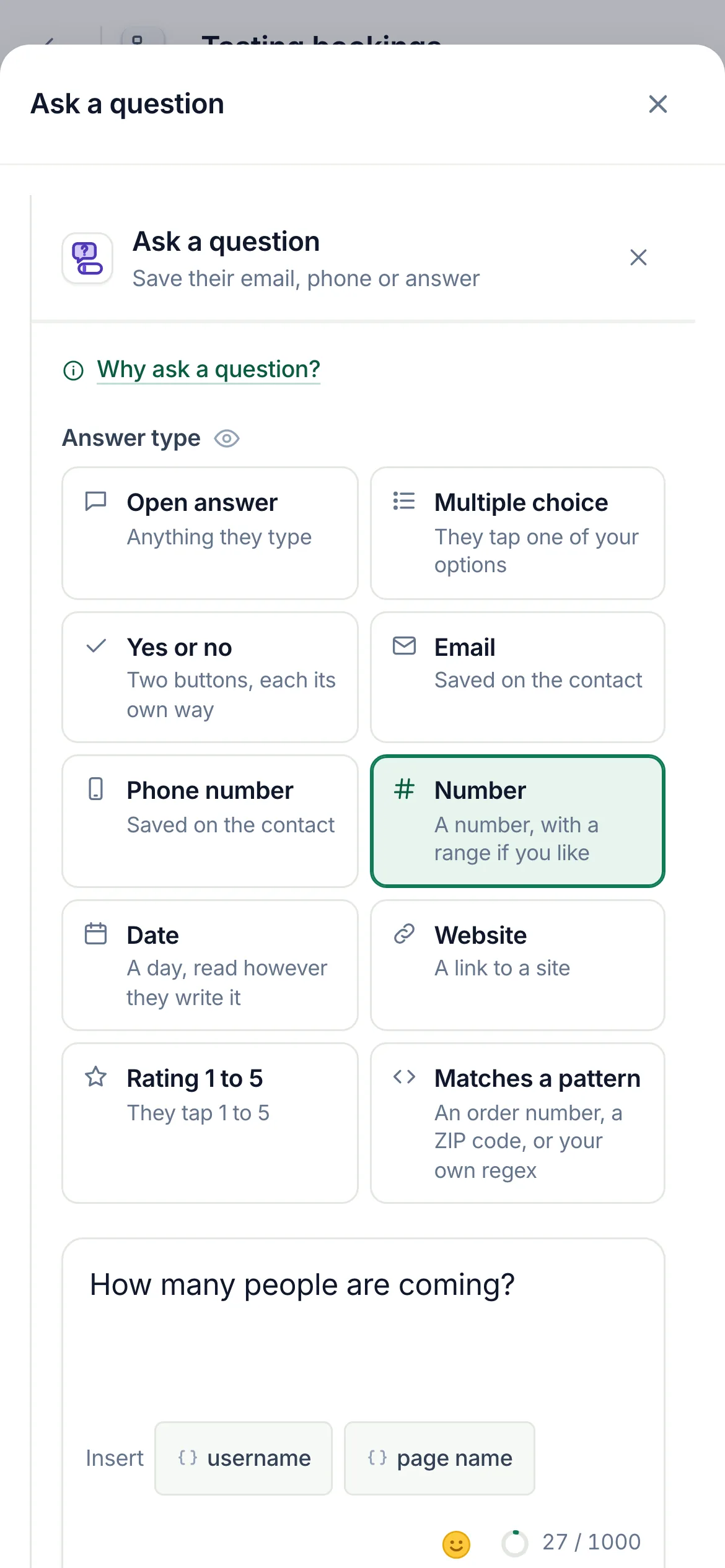 The flow builder with the Ask a question step selected and its settings open.