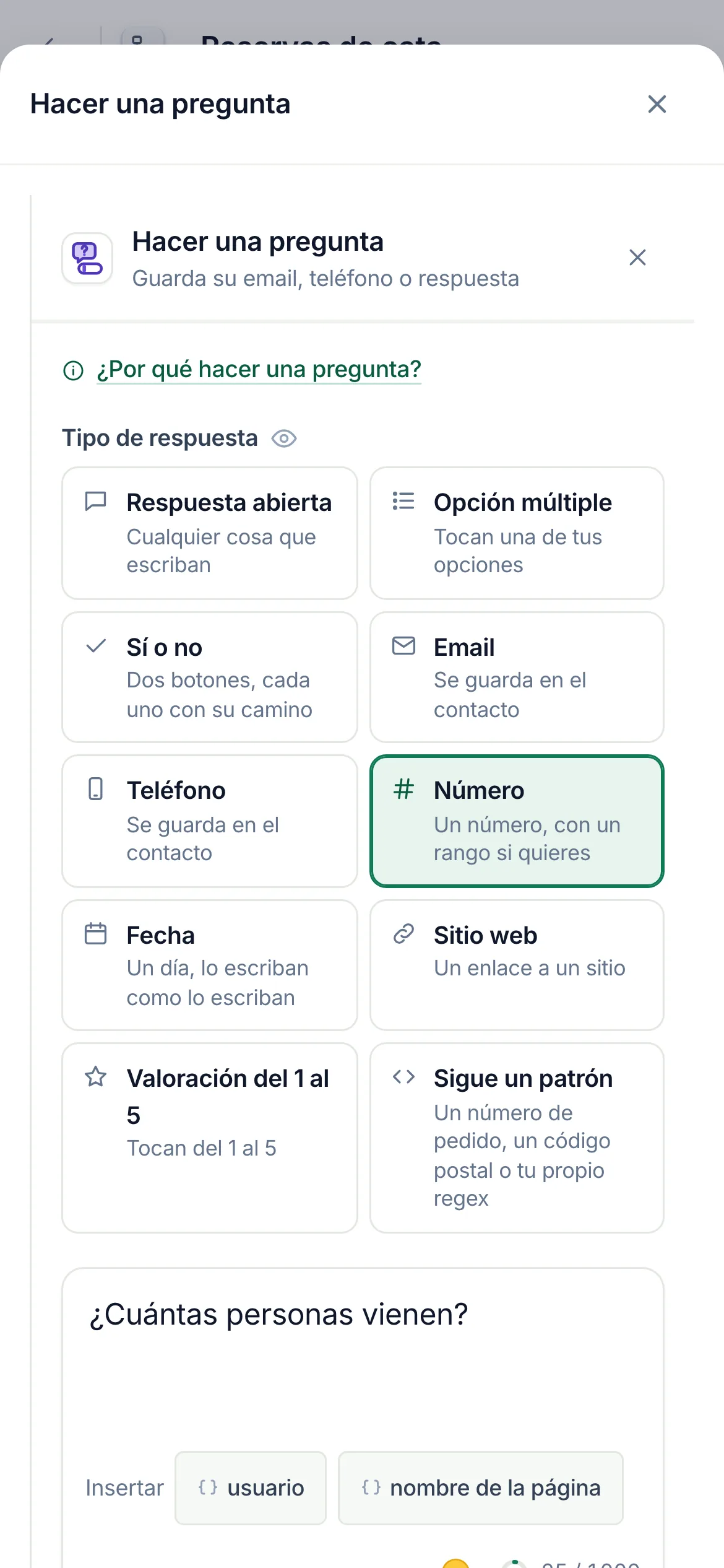 El constructor de flujos con el paso Hacer una pregunta seleccionado y sus ajustes abiertos.