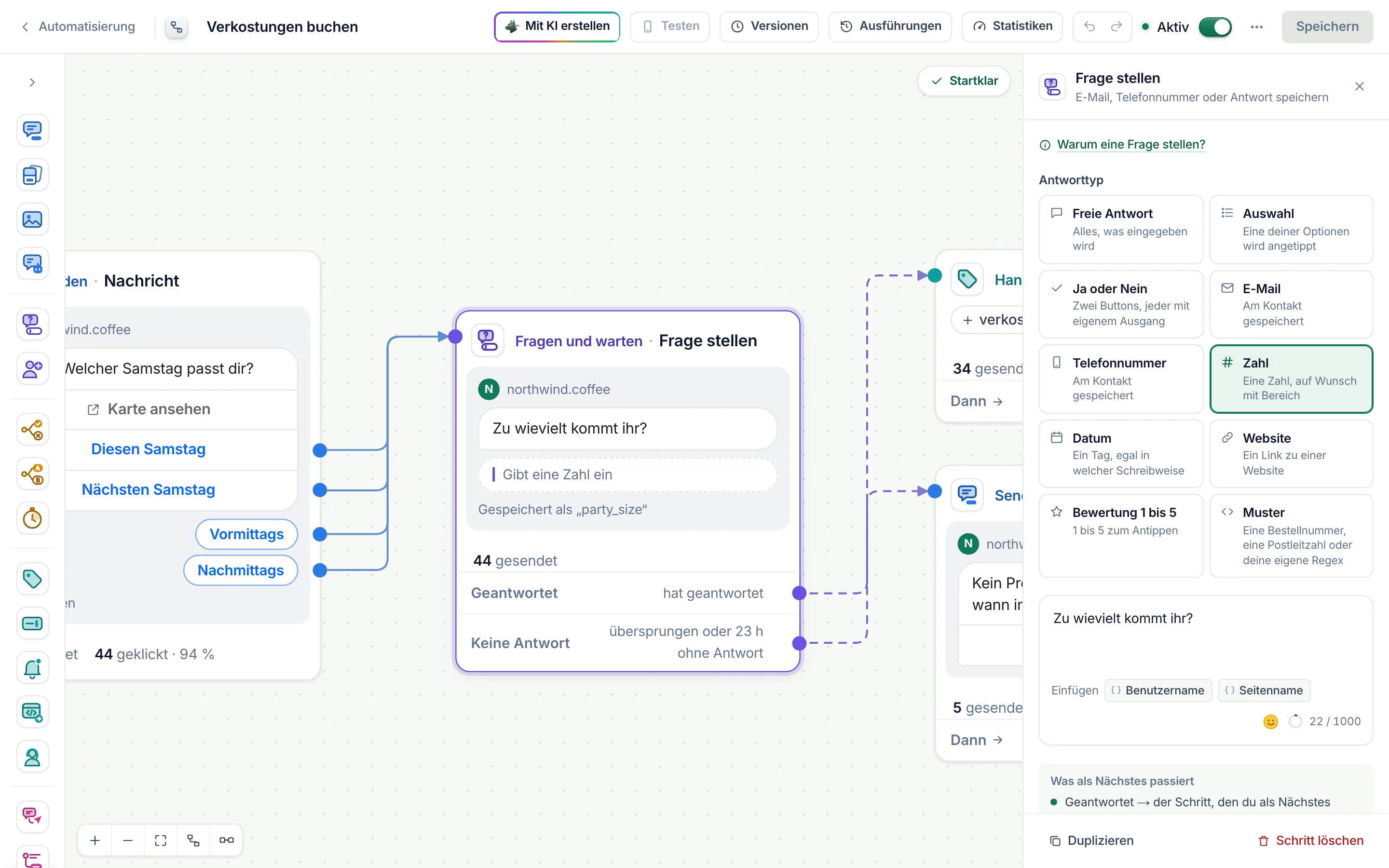 Der Flow-Builder mit ausgewähltem Schritt Frage stellen und geöffneten Einstellungen.