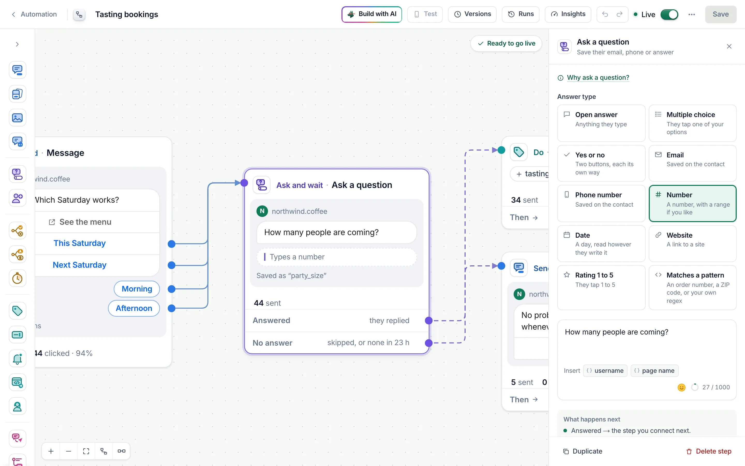 The flow builder with the Ask a question step selected and its settings open.