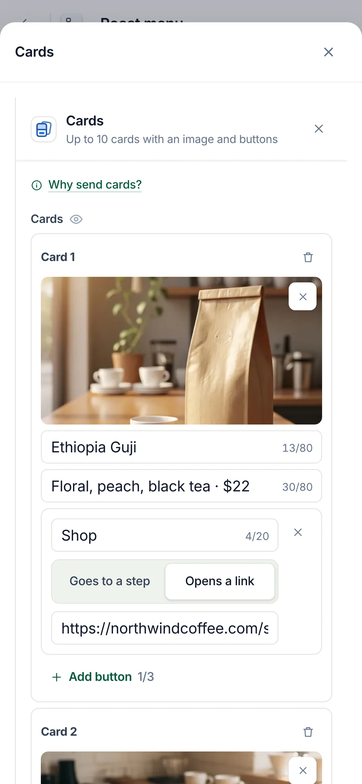 The flow builder with the Cards step selected and its settings open.