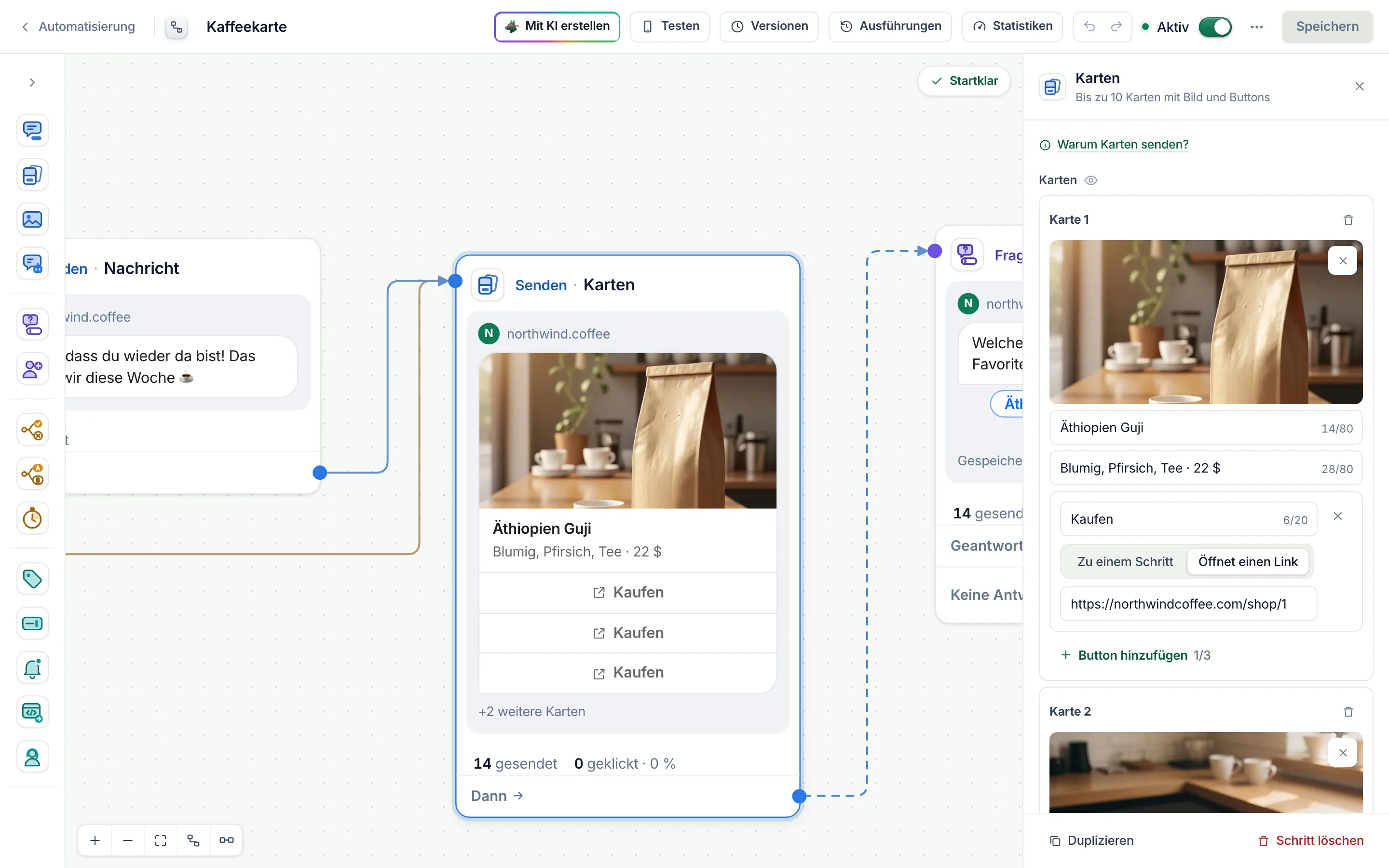 Der Flow-Builder mit ausgewähltem Karten-Schritt und geöffneten Einstellungen.