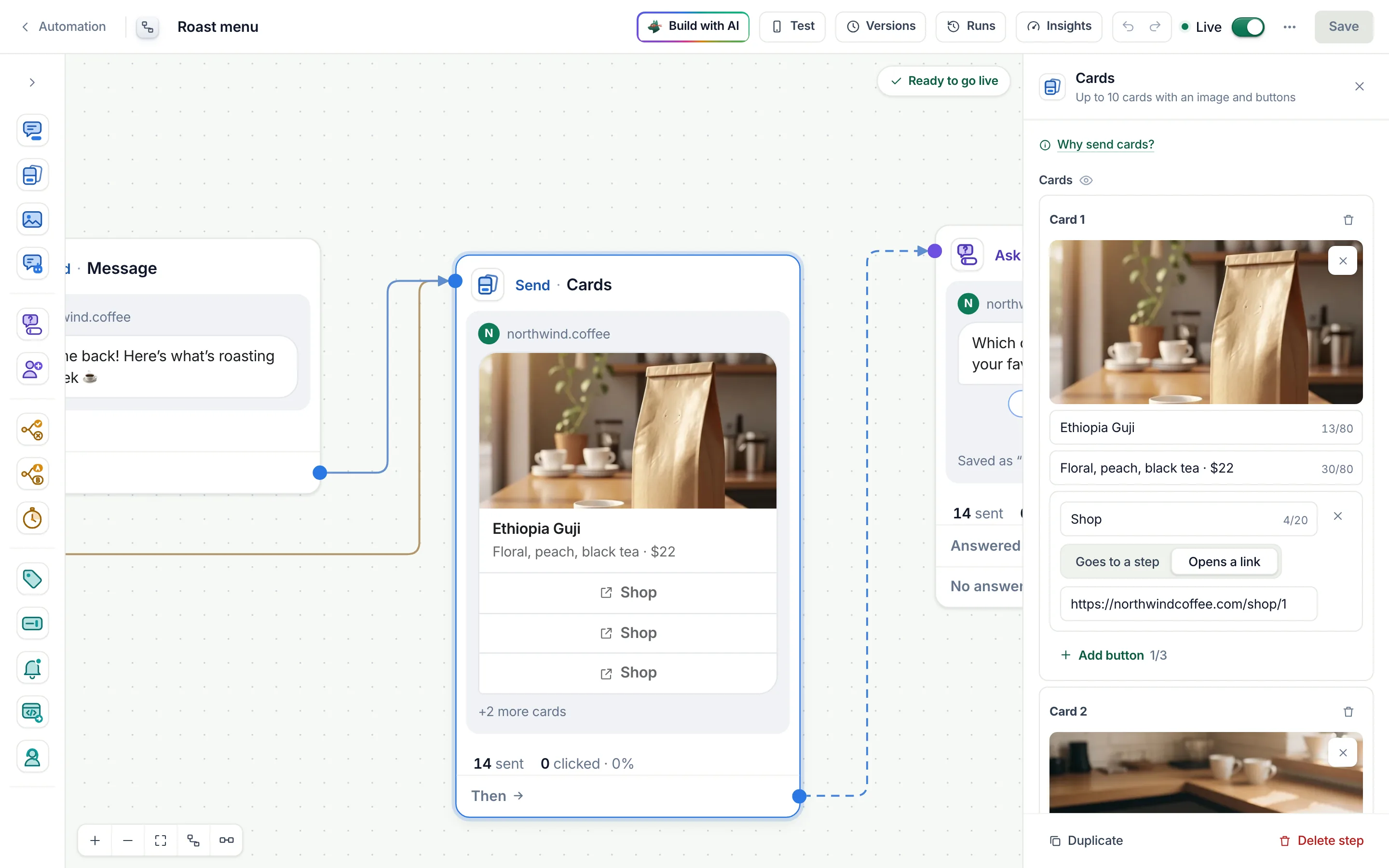 The flow builder with the Cards step selected and its settings open.