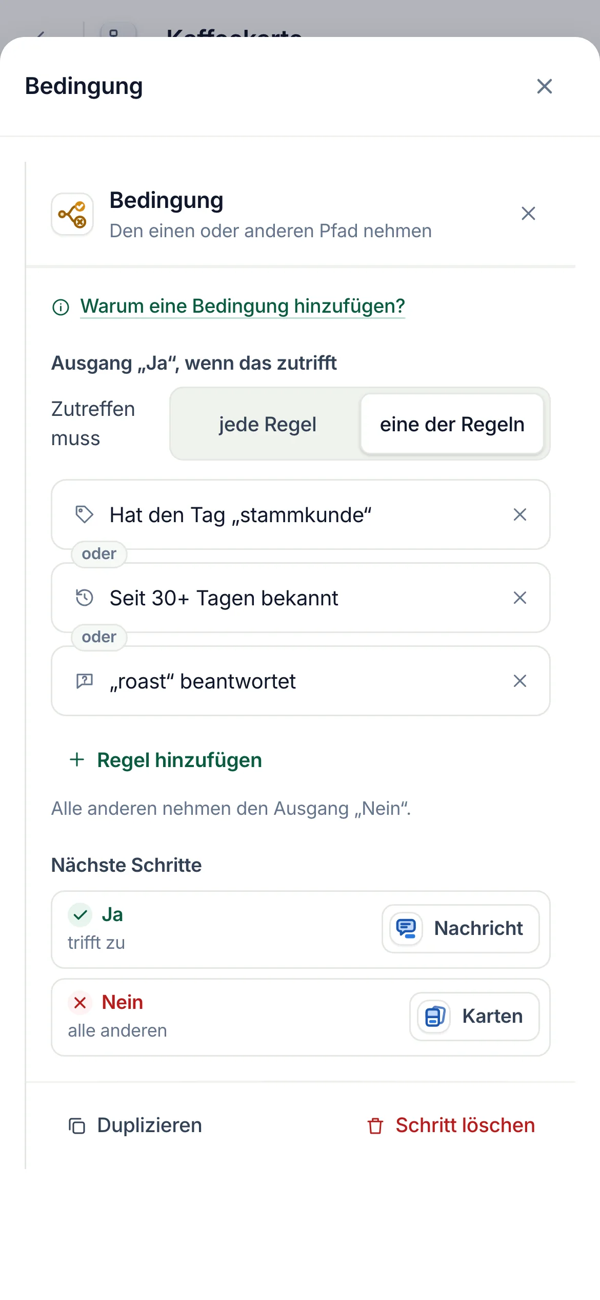 Der Flow-Builder mit einer ausgewählten Bedingung: drei Regeln, verbunden durch „oder“, und die Prüfungsauswahl geöffnet bei Meistgenutzt neben den Gruppen Instagram-Profil, Bisheriger Kontakt, Kontaktdaten, Dieser Flow, Kommentar oder Nachricht und Zeit.