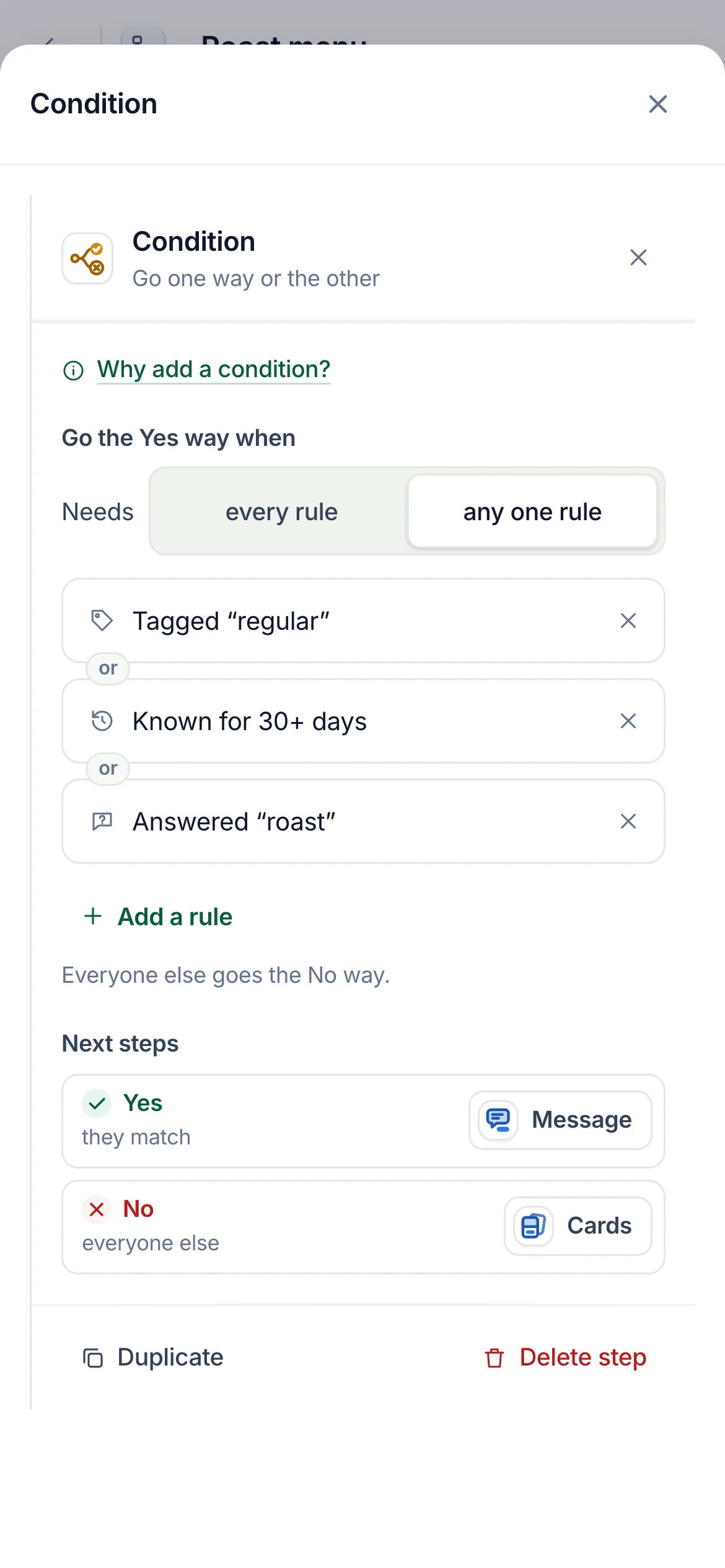The flow builder with a Condition selected: three rules joined by or, and the check picker open on Most used beside the groups Instagram profile, History with you, Contact details, This flow, Comment or message and Time.