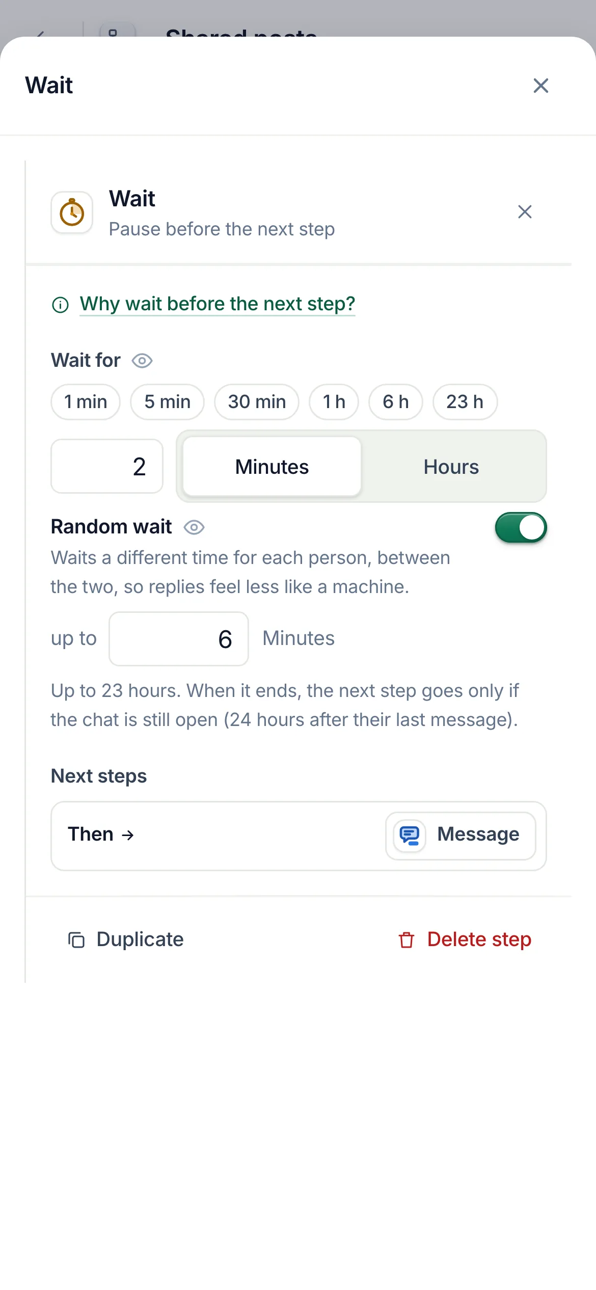 The flow builder with a Wait step selected: wait 2 minutes to 6 minutes, Random wait on, then a message.