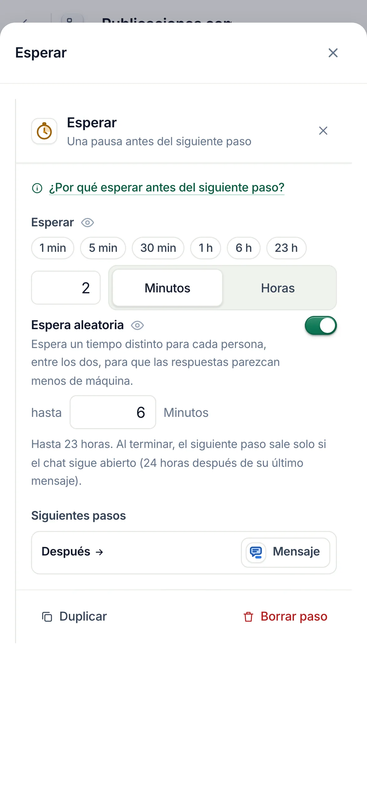 El constructor de flujos con un paso Esperar seleccionado: esperar de 2 a 6 minutos, Espera aleatoria activada, y luego un mensaje.