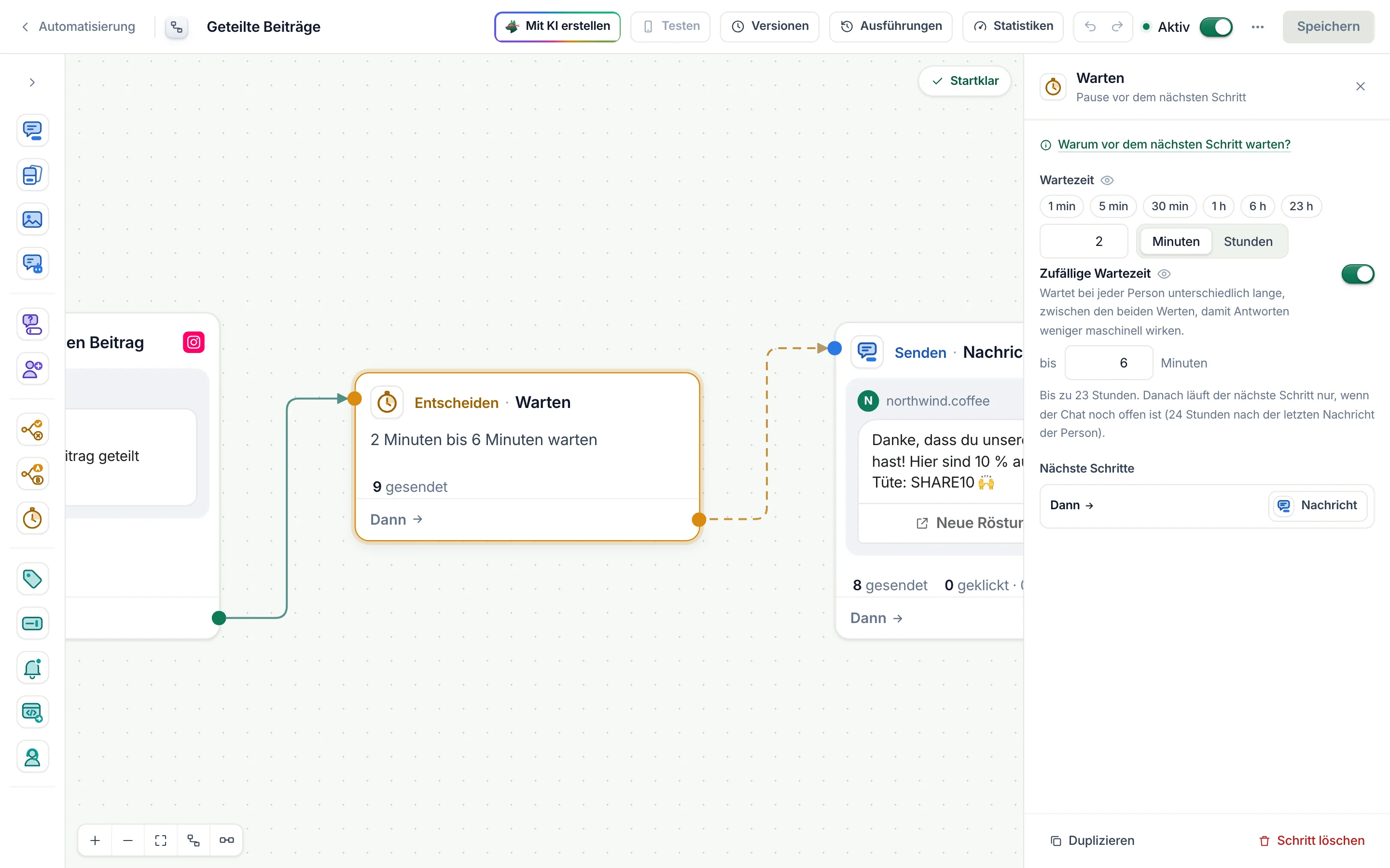 Der Flow-Builder mit ausgewähltem Warten-Schritt: 2 Minuten bis 6 Minuten warten, „Zufällige Wartezeit“ an, dann eine Nachricht.