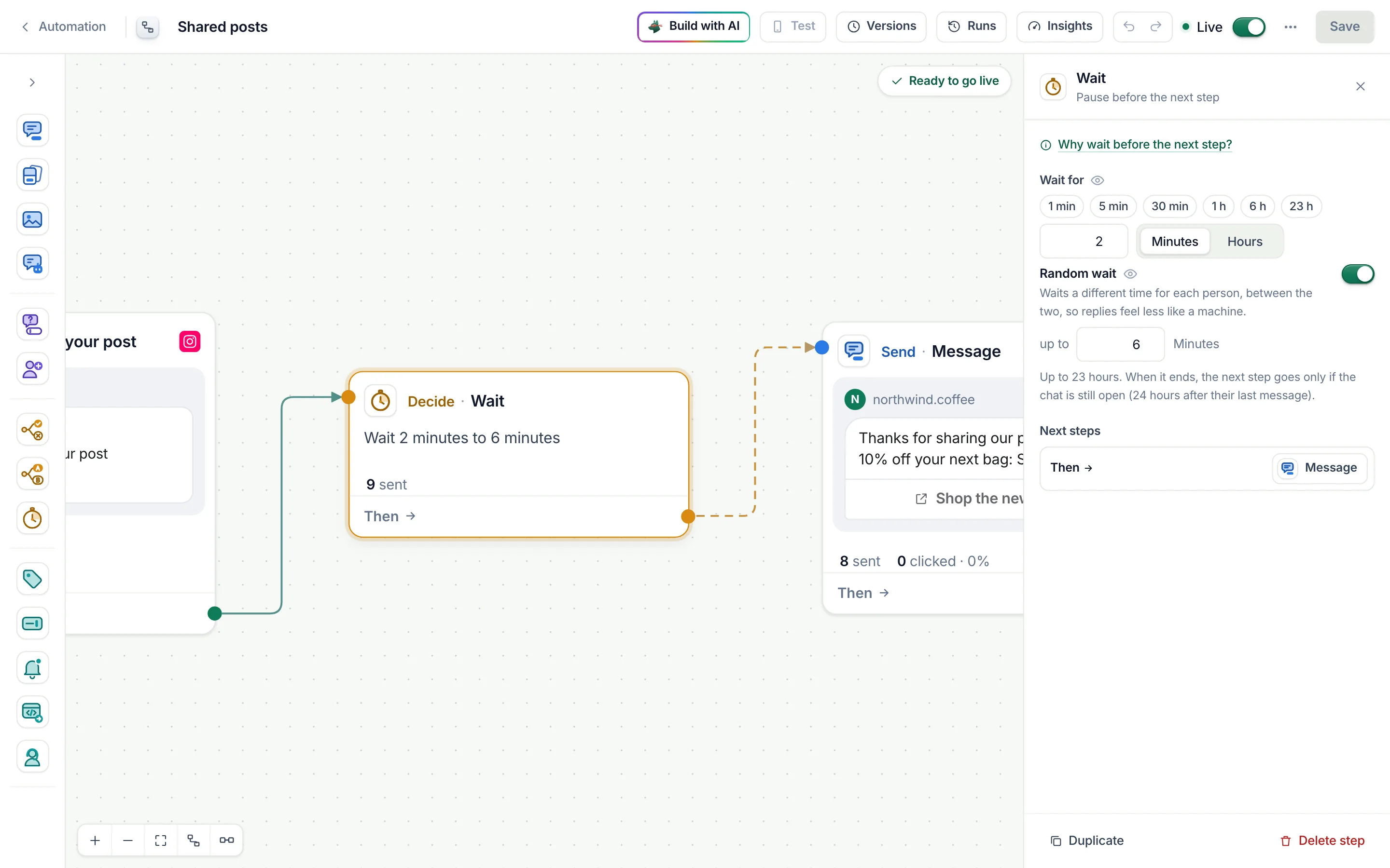The flow builder with a Wait step selected: wait 2 minutes to 6 minutes, Random wait on, then a message.