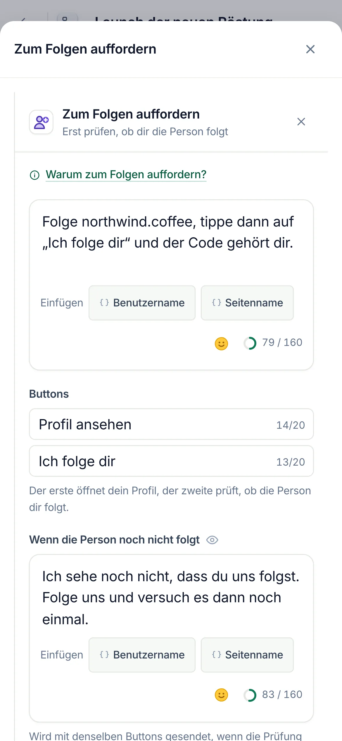 Der Flow-Builder mit ausgewähltem Schritt Zum Folgen auffordern und geöffneten Einstellungen.