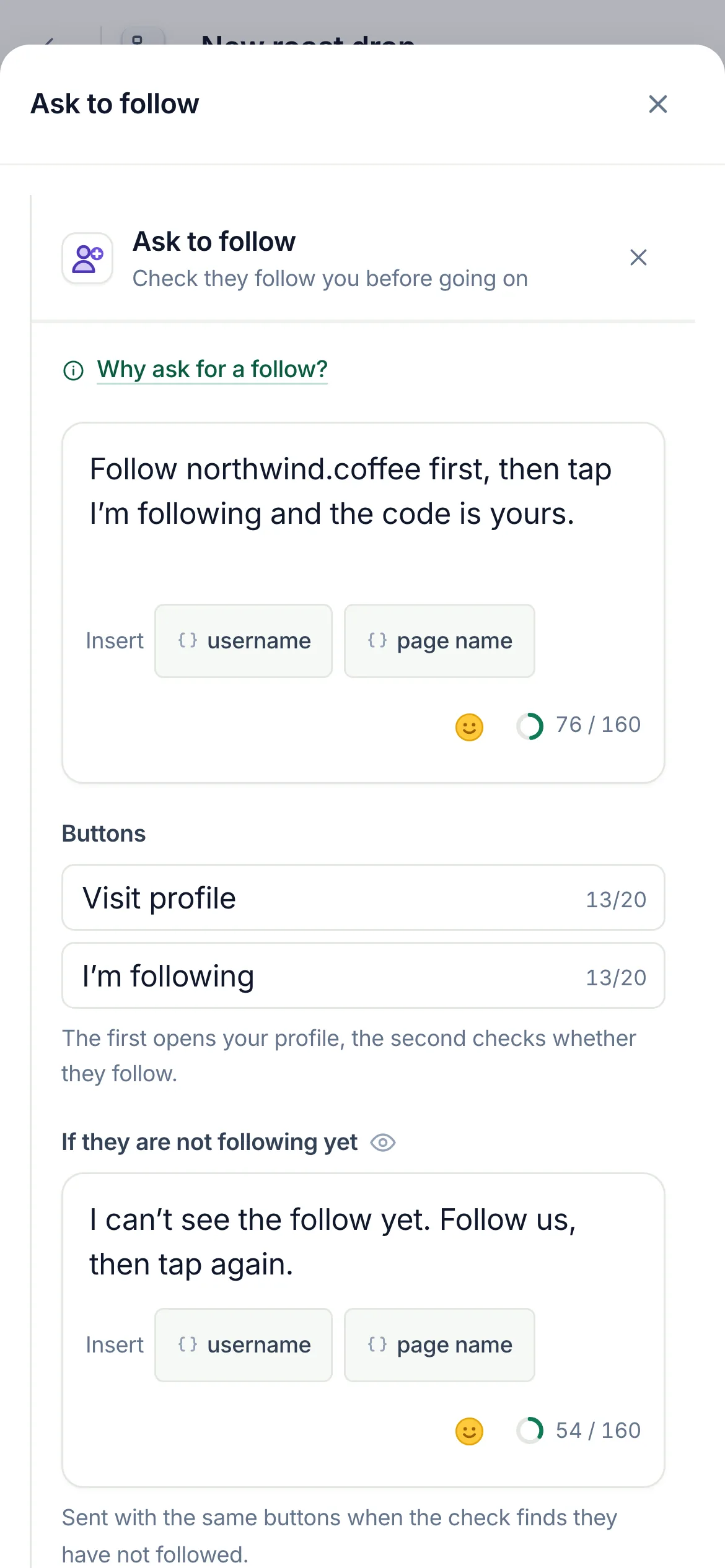 The flow builder with the Ask to follow step selected and its settings open.