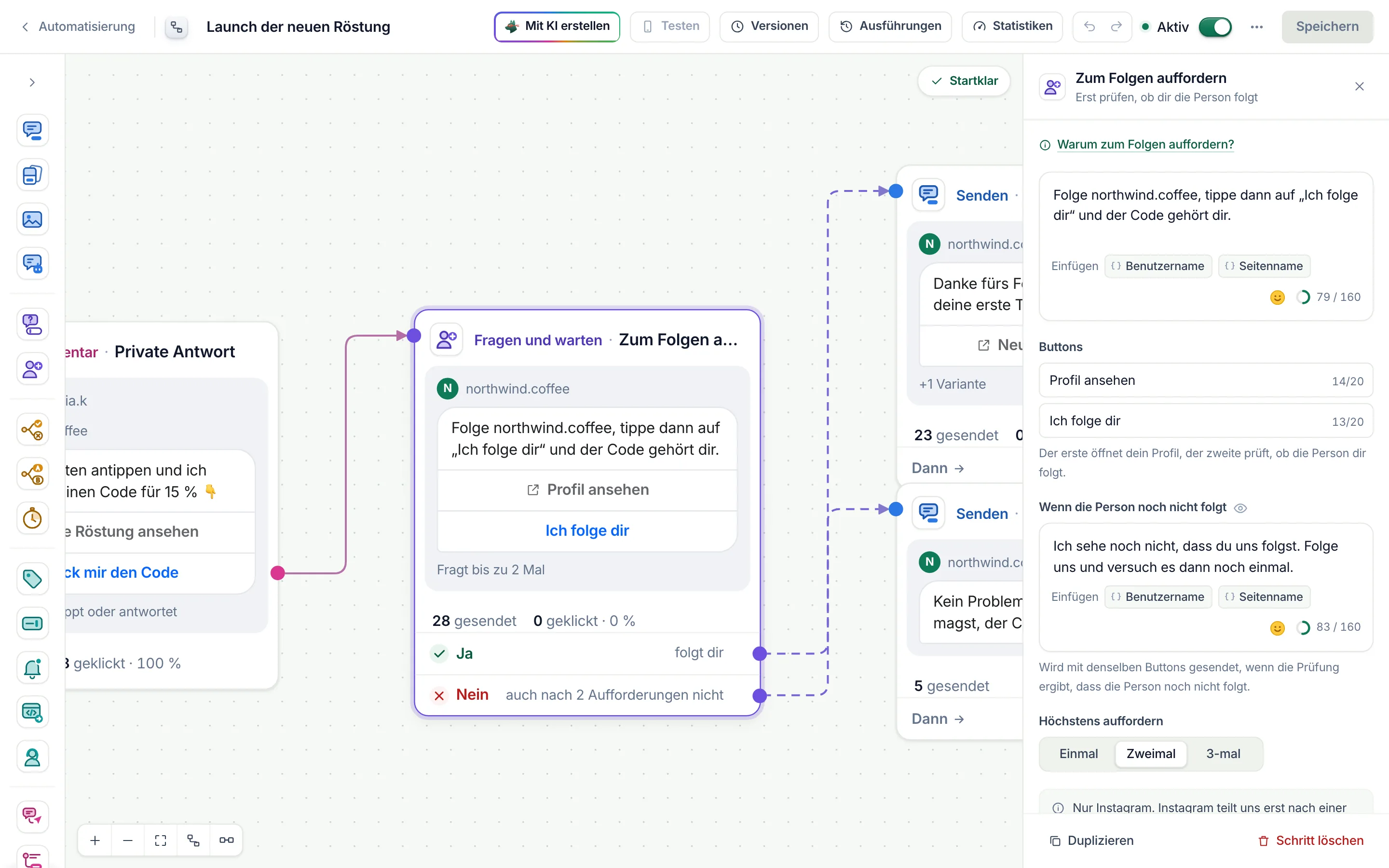 Der Flow-Builder mit ausgewähltem Schritt Zum Folgen auffordern und geöffneten Einstellungen.