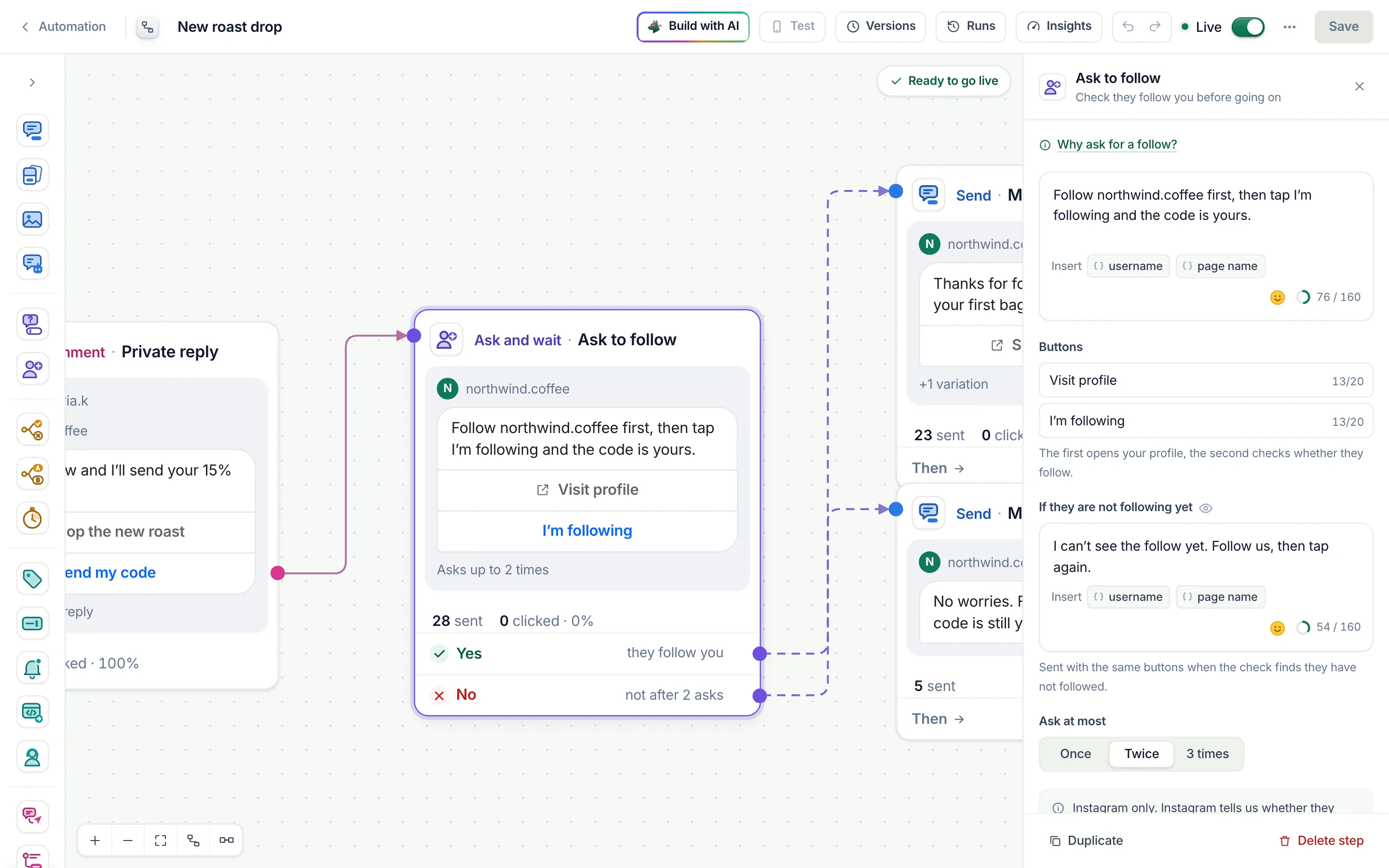 The flow builder with the Ask to follow step selected and its settings open.