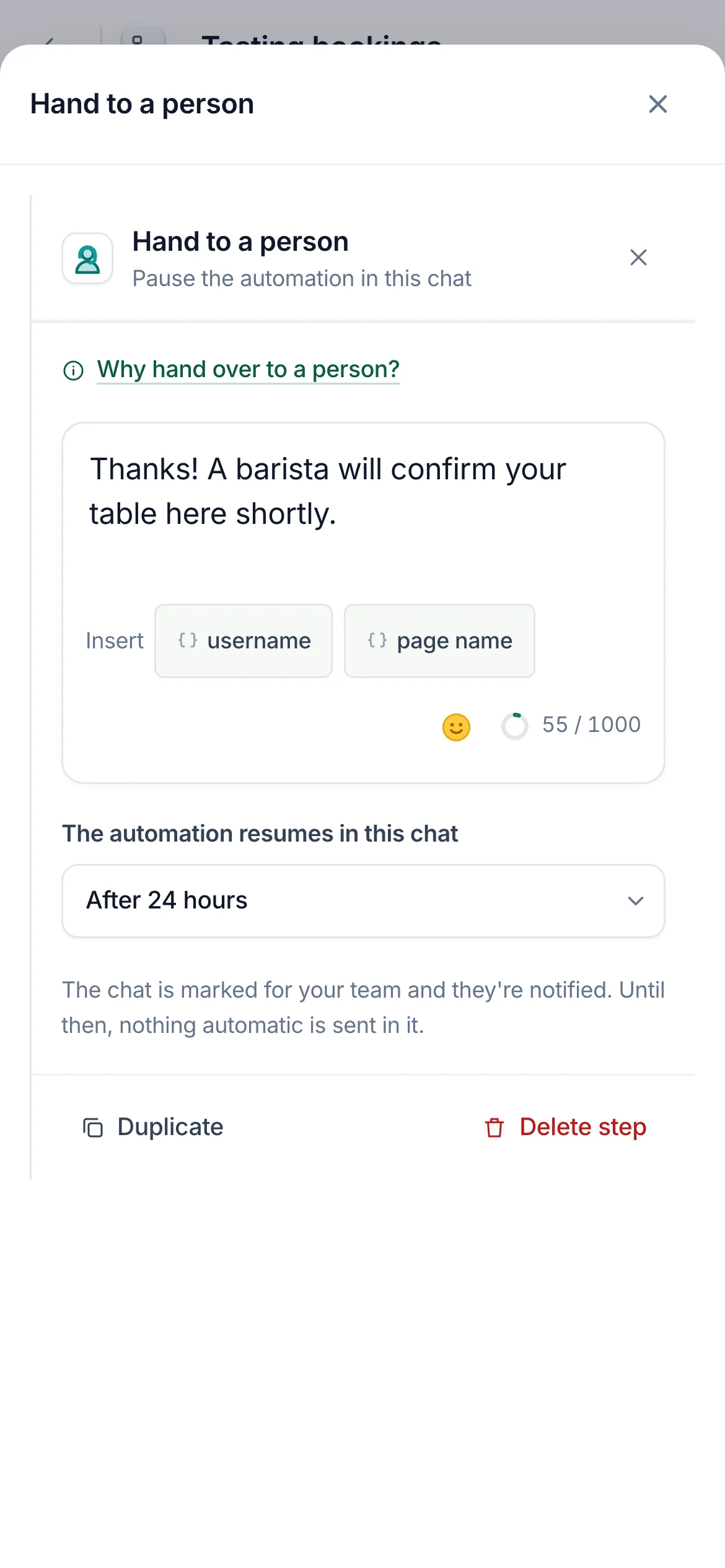 The flow builder with Hand to a person selected: the message to send first and The automation resumes in this chat set to After 24 hours.