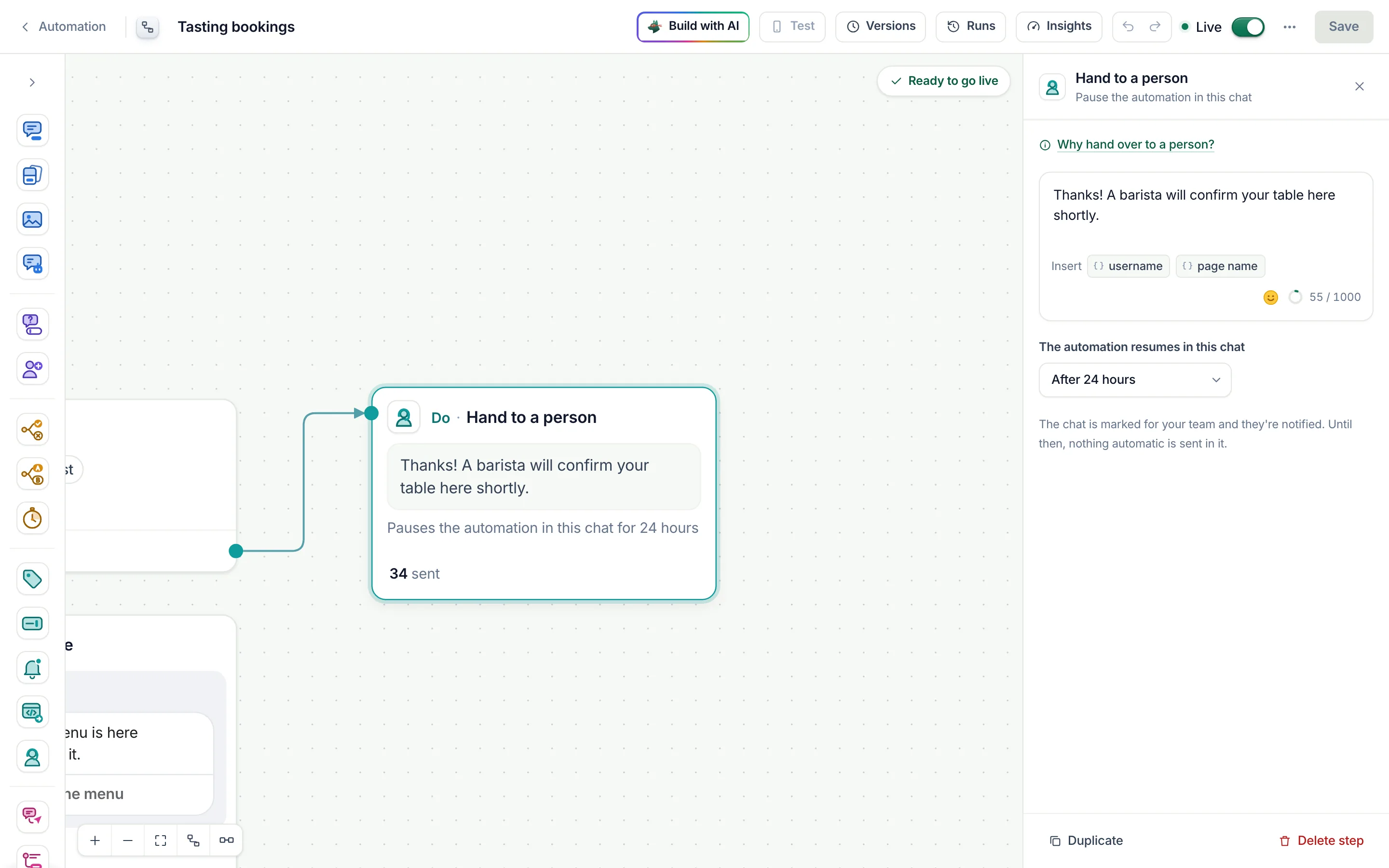 The flow builder with Hand to a person selected: the message to send first and The automation resumes in this chat set to After 24 hours.