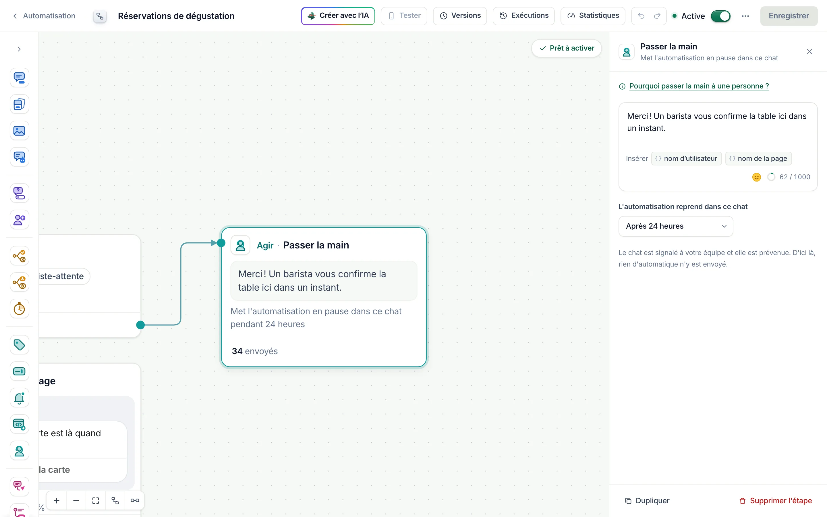 Le créateur de flows avec Passer la main sélectionné&nbsp;: le message à envoyer d’abord et L’automatisation reprend dans ce chat réglé sur Après 24 heures.