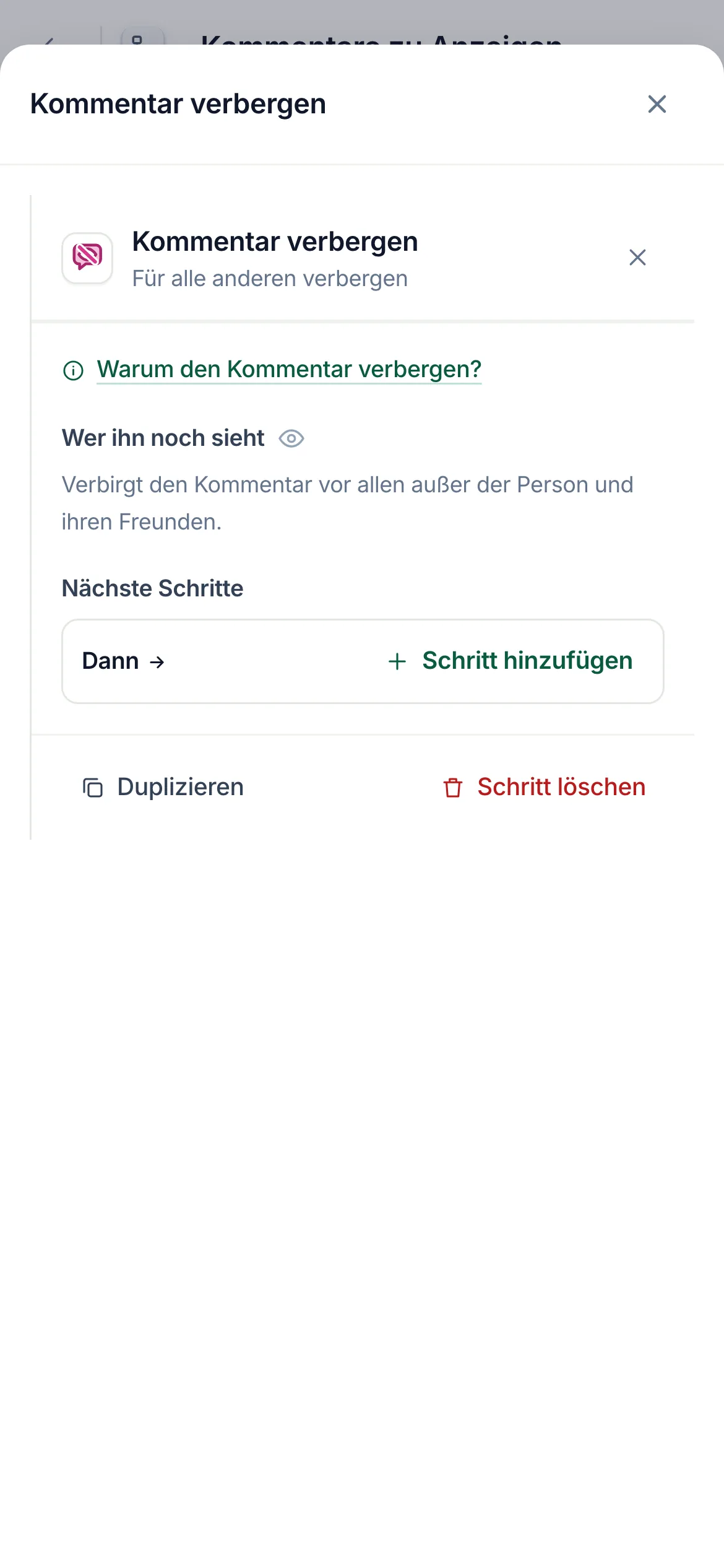 Der Flow-Builder mit ausgewähltem Schritt Kommentar verbergen und geöffneten Einstellungen.