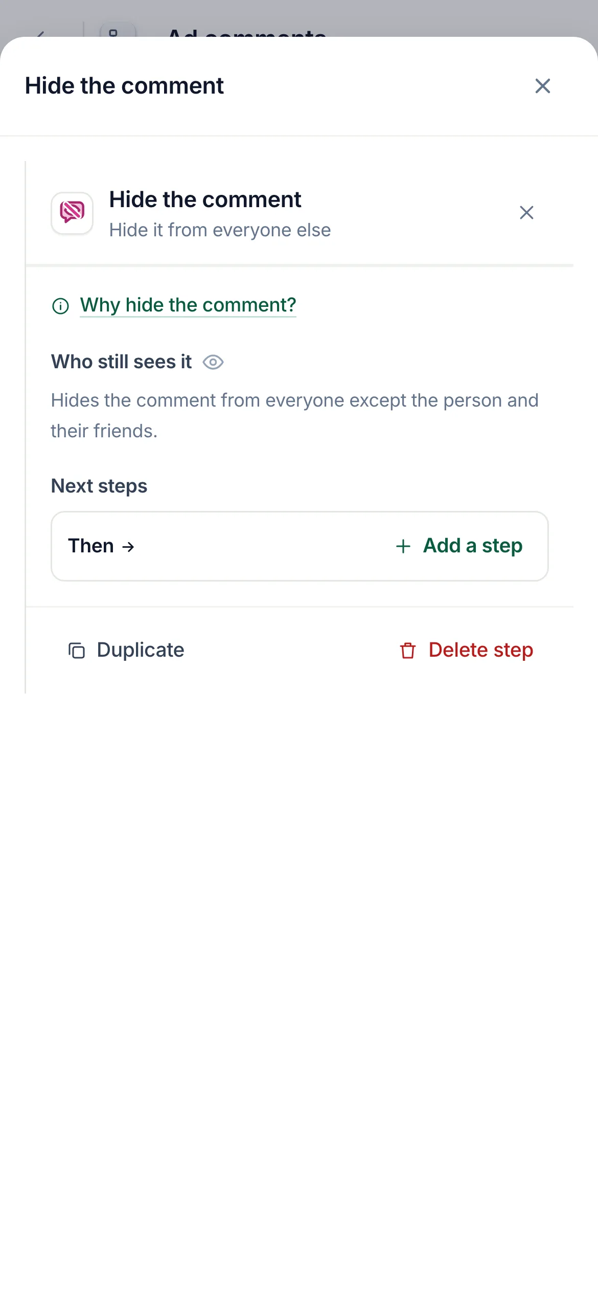 The flow builder with the Hide the comment step selected and its settings open.