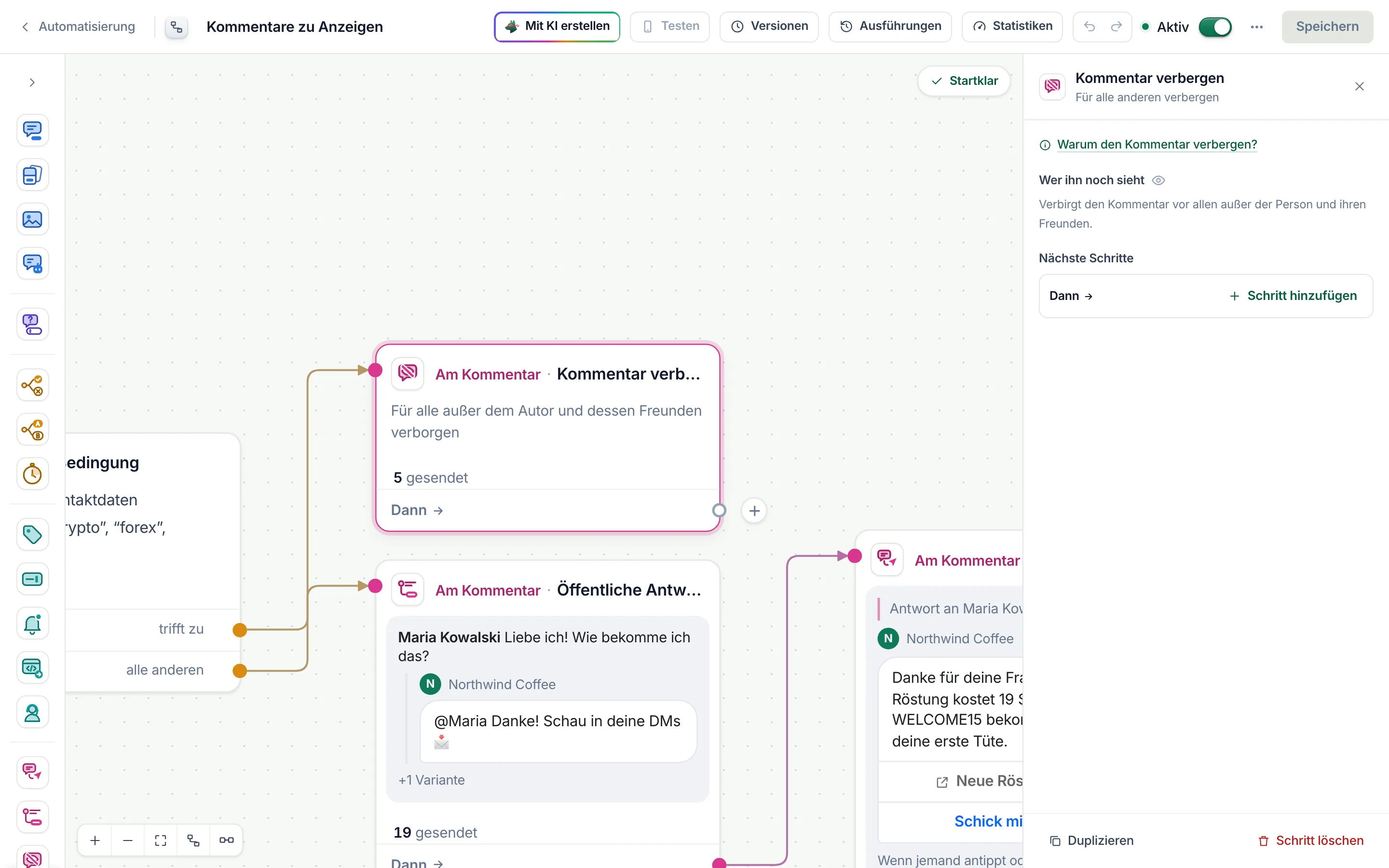 Der Flow-Builder mit ausgewähltem Schritt Kommentar verbergen und geöffneten Einstellungen.