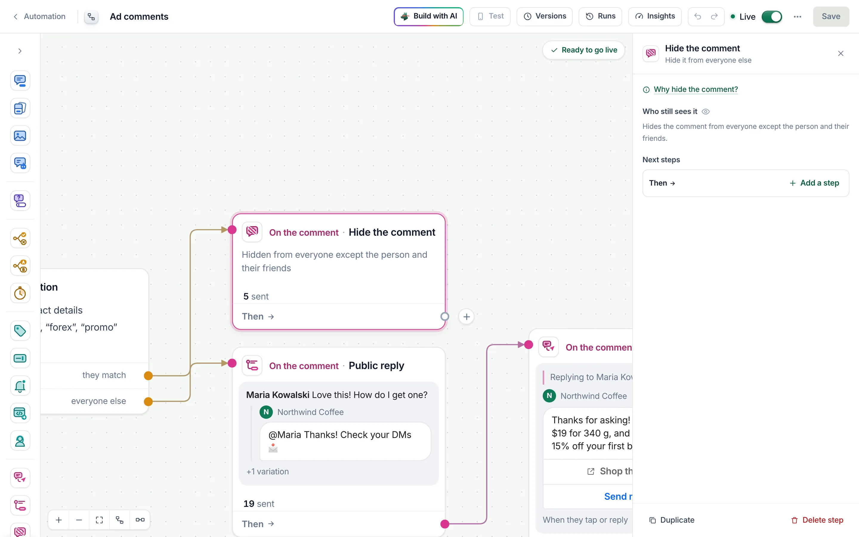 The flow builder with the Hide the comment step selected and its settings open.