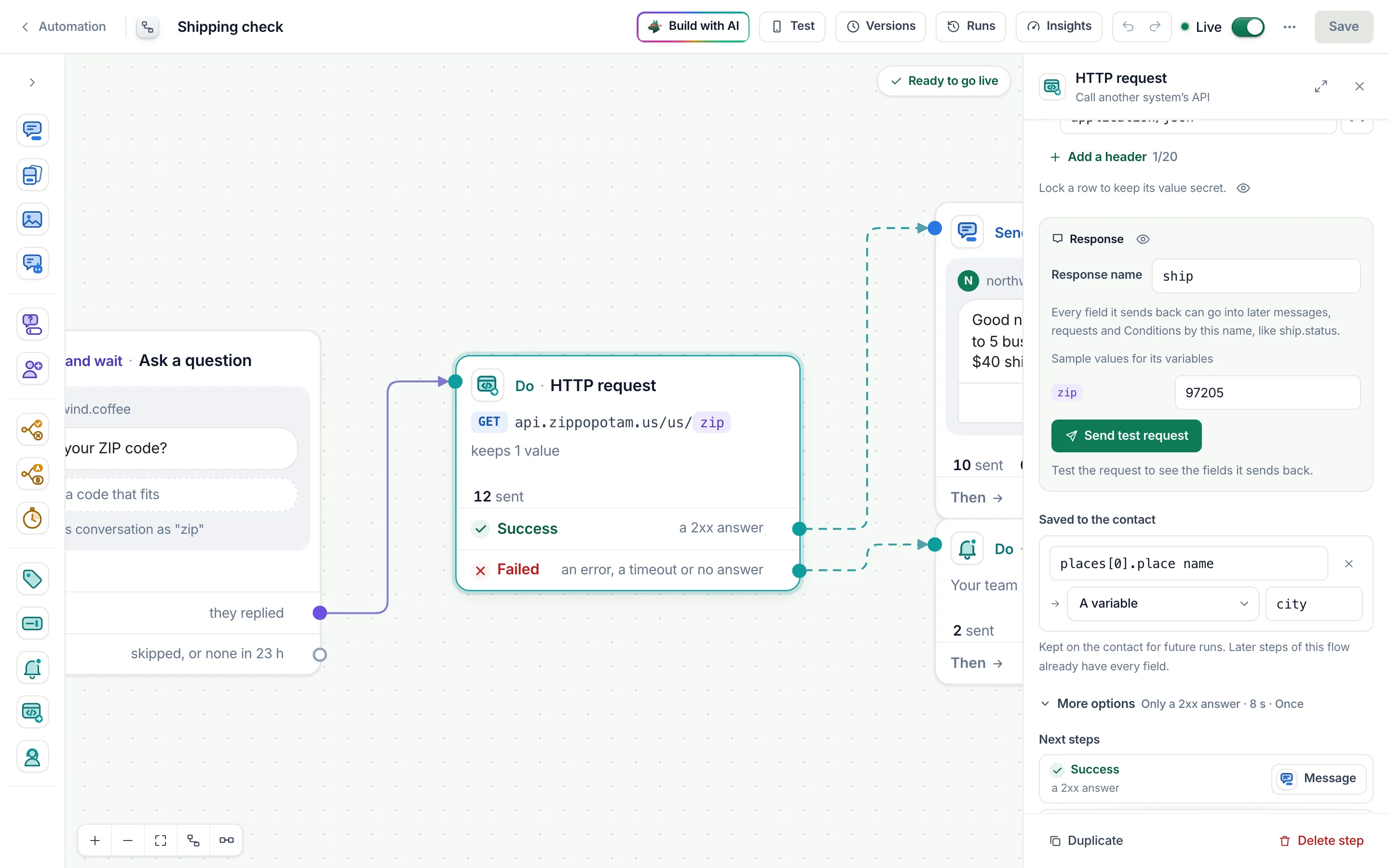The Response section: Response name, the sample value, Send test request.